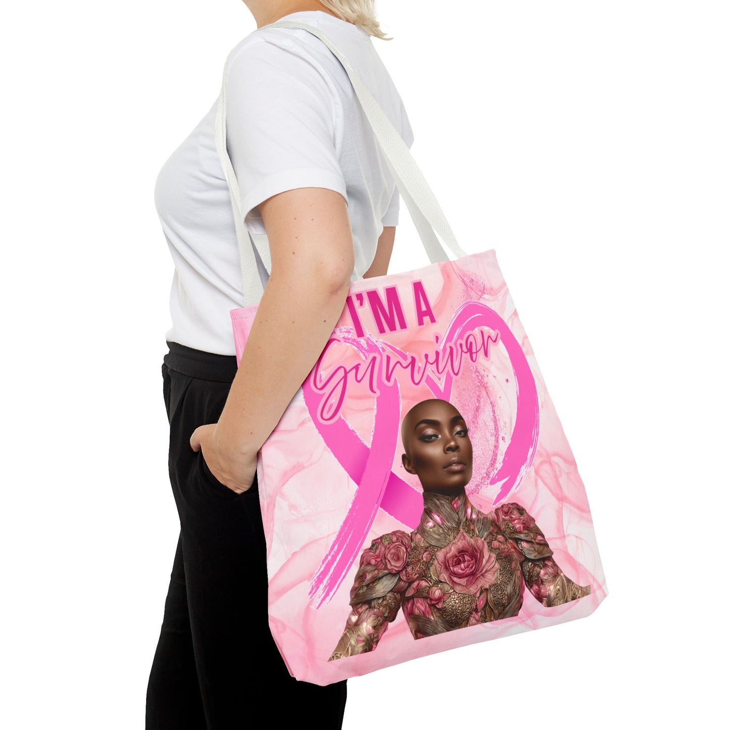 Survivor Tote Bag - 'I'm a Survivor' Pink Ribbon Heart Canvas Tote| Breast Cancer Awareness Tee | Pink Ribbon Shirt for Women | Black Woman Survivor Empowerment Gift | October Awareness Apparel
