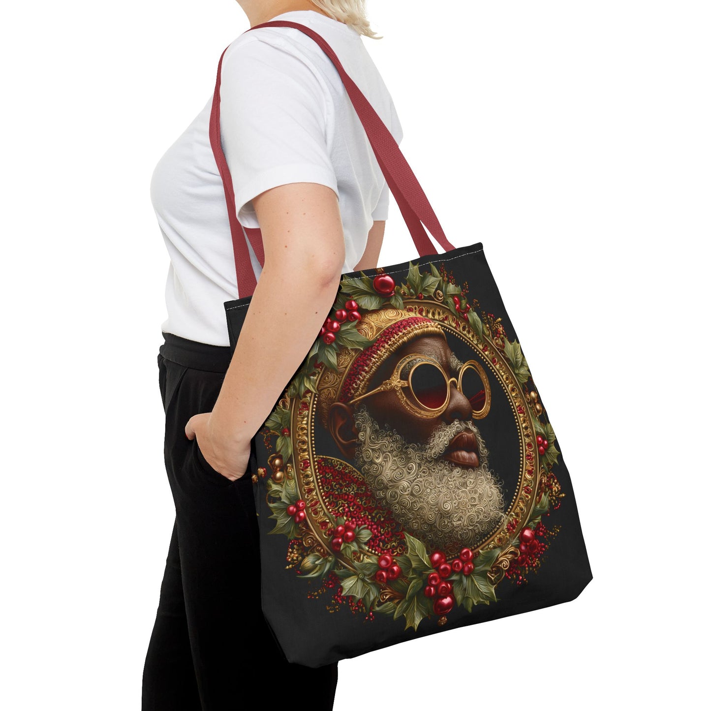 Afrocentric Holly Wreath Santa Tote – Luxe Holiday Tote Bag