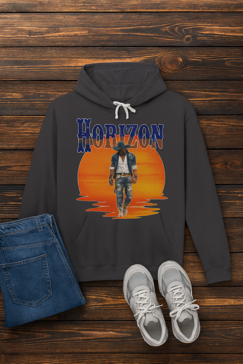 Horizon Cowboy Sunset Hoodie | Western Graphic Unisex Hoodie | Rustic Rodeo Country Style Sweatshirt