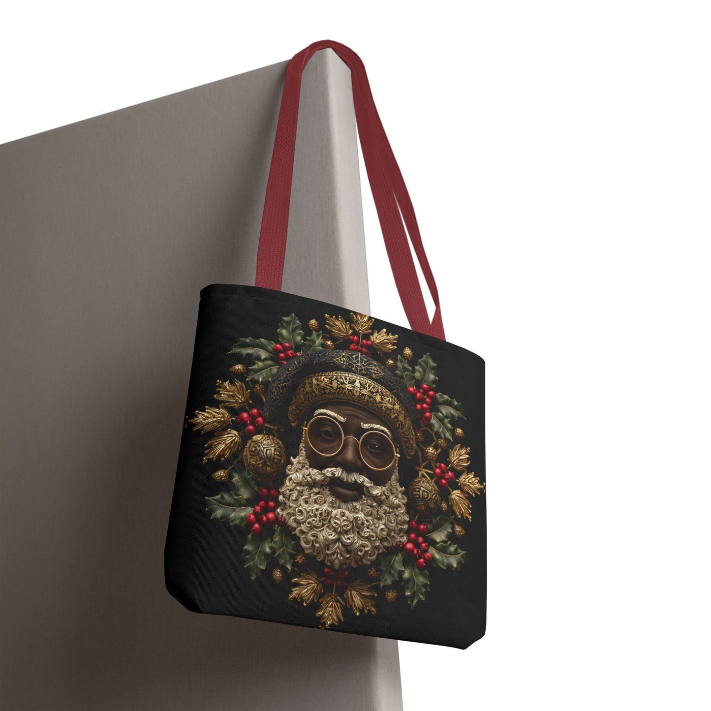 Royal Black Santa Tote Bag – Afrocentric Christmas Tote, Gold & Holly Holiday Design