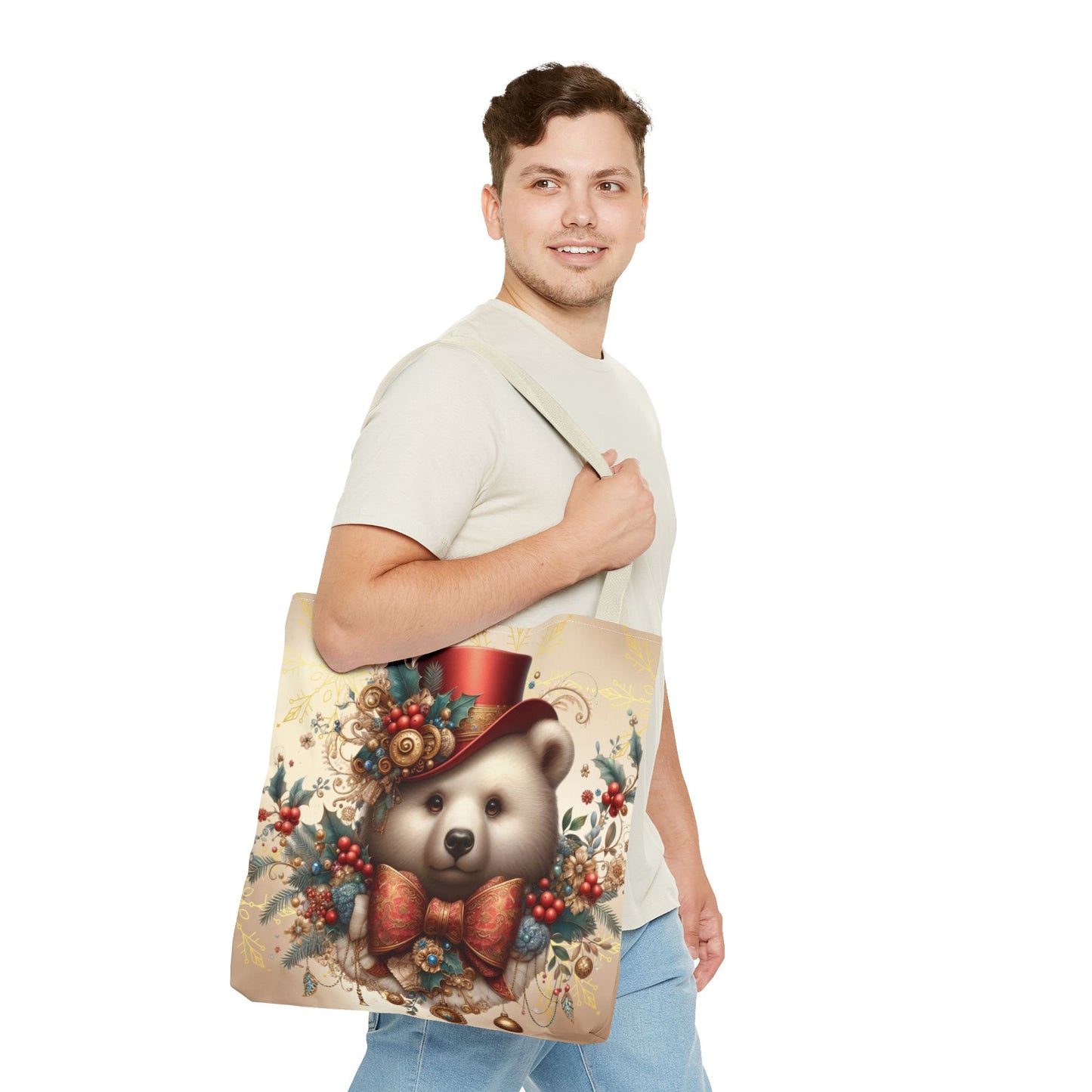 Christmas Bear Tote Bag, Whimsical Holiday Animal Tote, Cute Winter Bear Art Bag, Festive Gift Tote for Women, Seasonal Shopping Bag