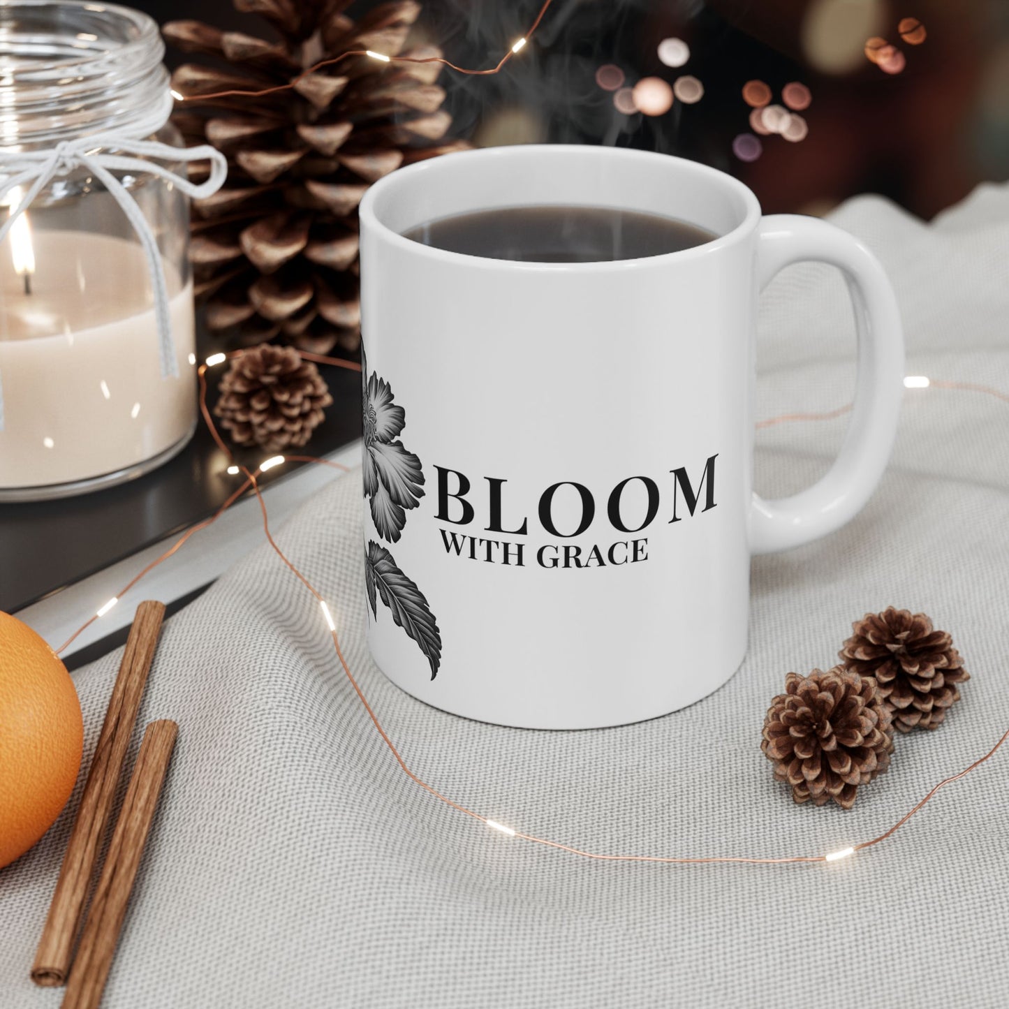 Floral 'Bloom With Grace Ceramic Mug — Vintage Black Botanical Coffee Cup (11oz, 15oz)