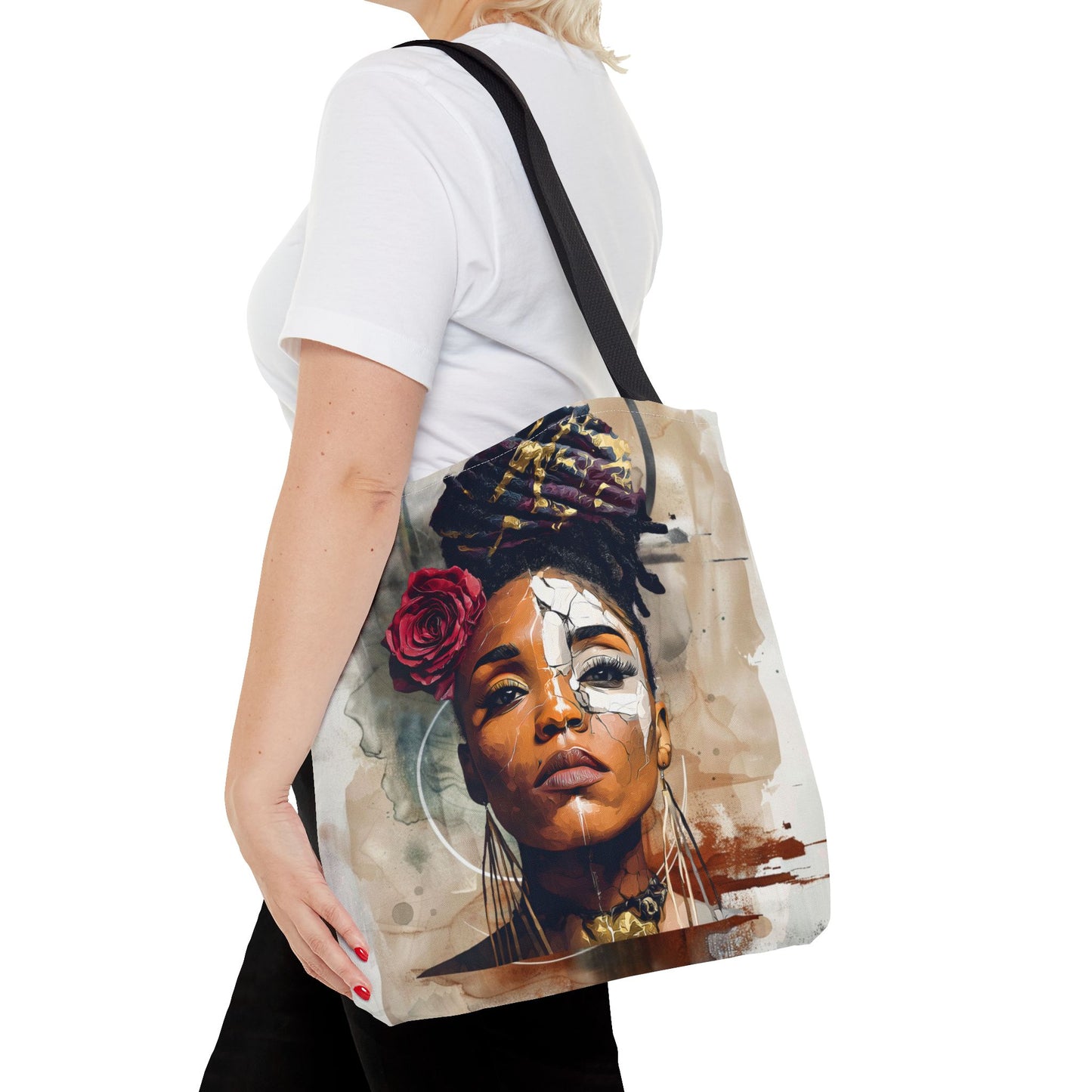 Crowned in Truth Afrocentric Tote Bag, Cracked Portrait Art Tote with Rose, Black Queen Shoulder Bag, Cultural Art Tote for Women
