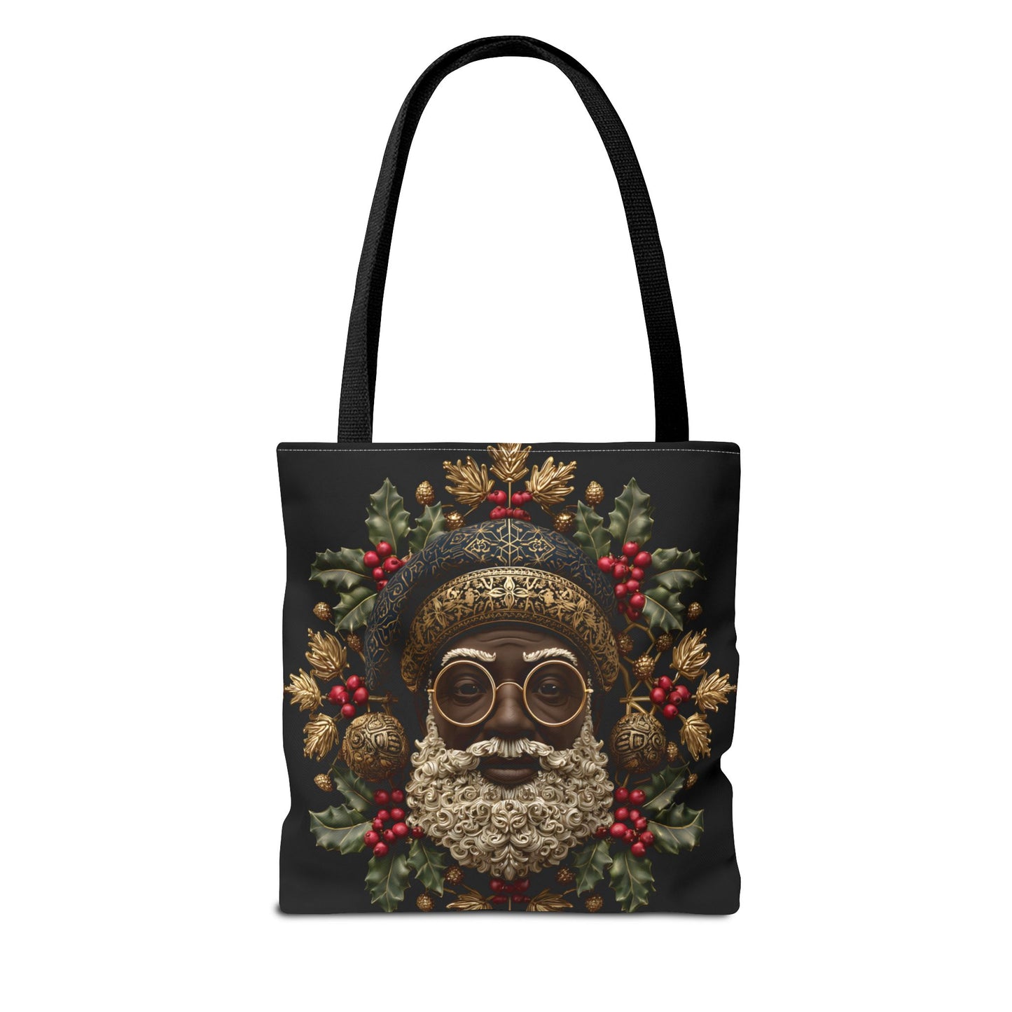 Royal Black Santa Tote Bag – Afrocentric Christmas Tote, Gold & Holly Holiday Design