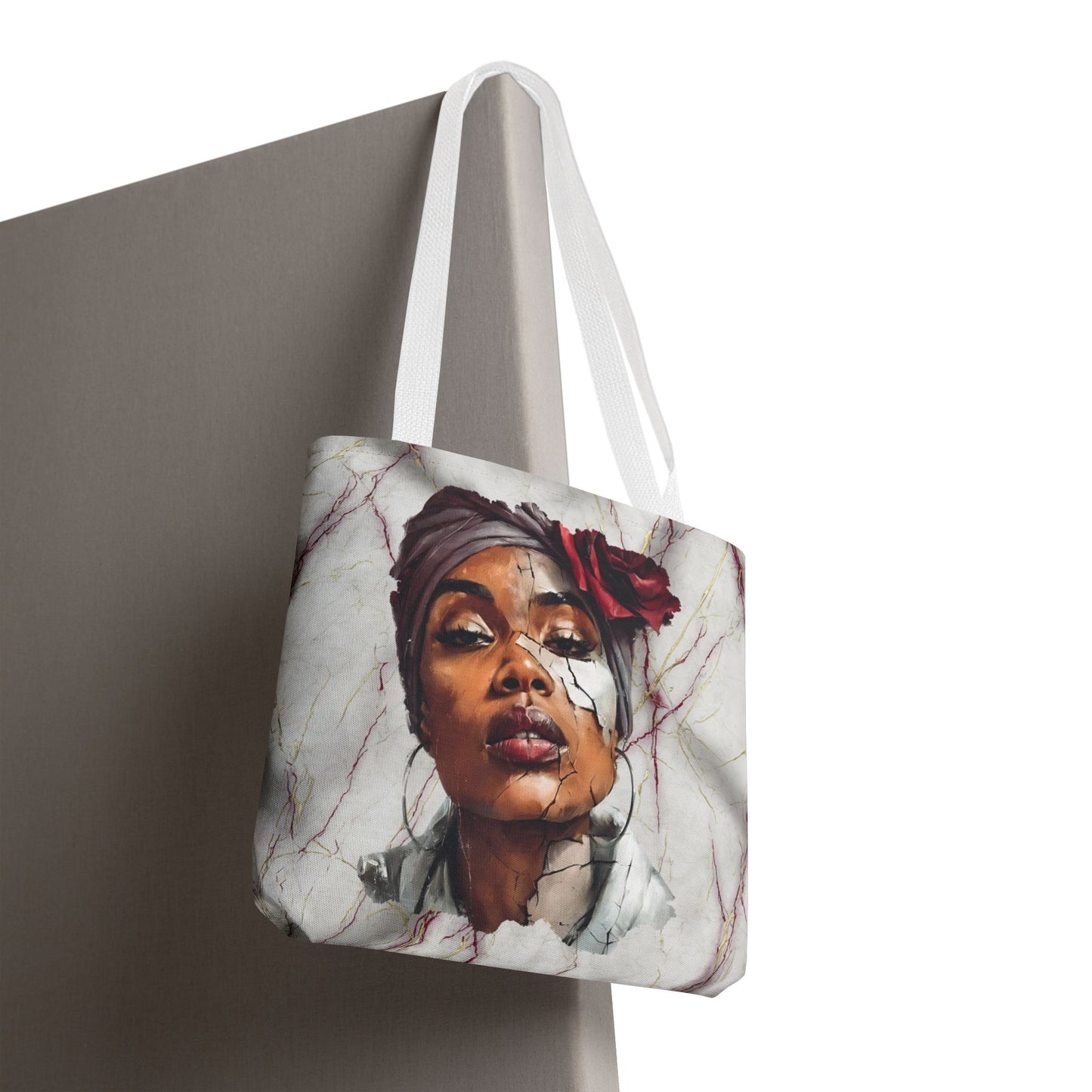 Regal Fracture Afrocentric Tote Bag, Cracked Portrait Art Tote with Red Rose, Black Queen Shoulder Bag, Cultural Fashion Tote for Women