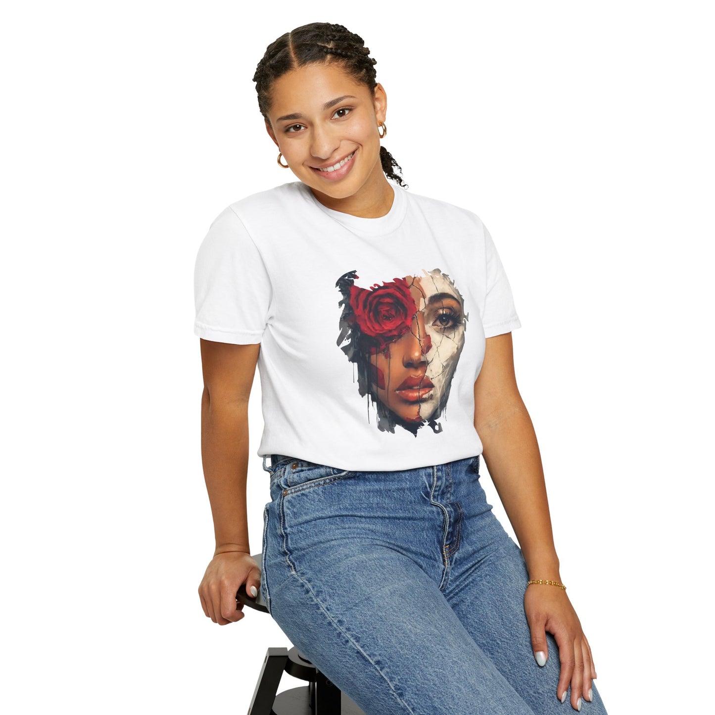 Scarlet Veil T-Shirt | Bold Empowerment Graphic Tee | Feminine Strength & Resilience Art Shirt