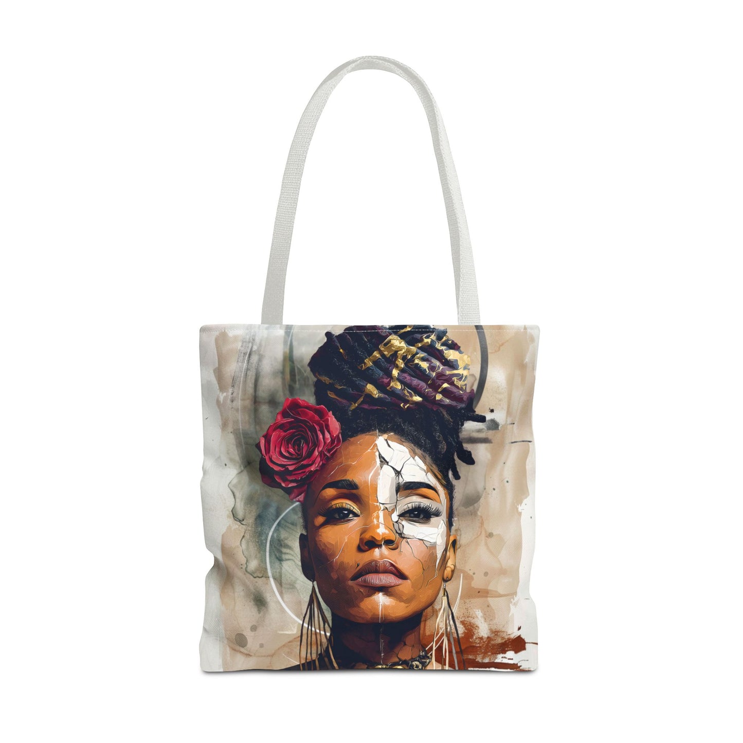 Crowned in Truth Afrocentric Tote Bag, Cracked Portrait Art Tote with Rose, Black Queen Shoulder Bag, Cultural Art Tote for Women