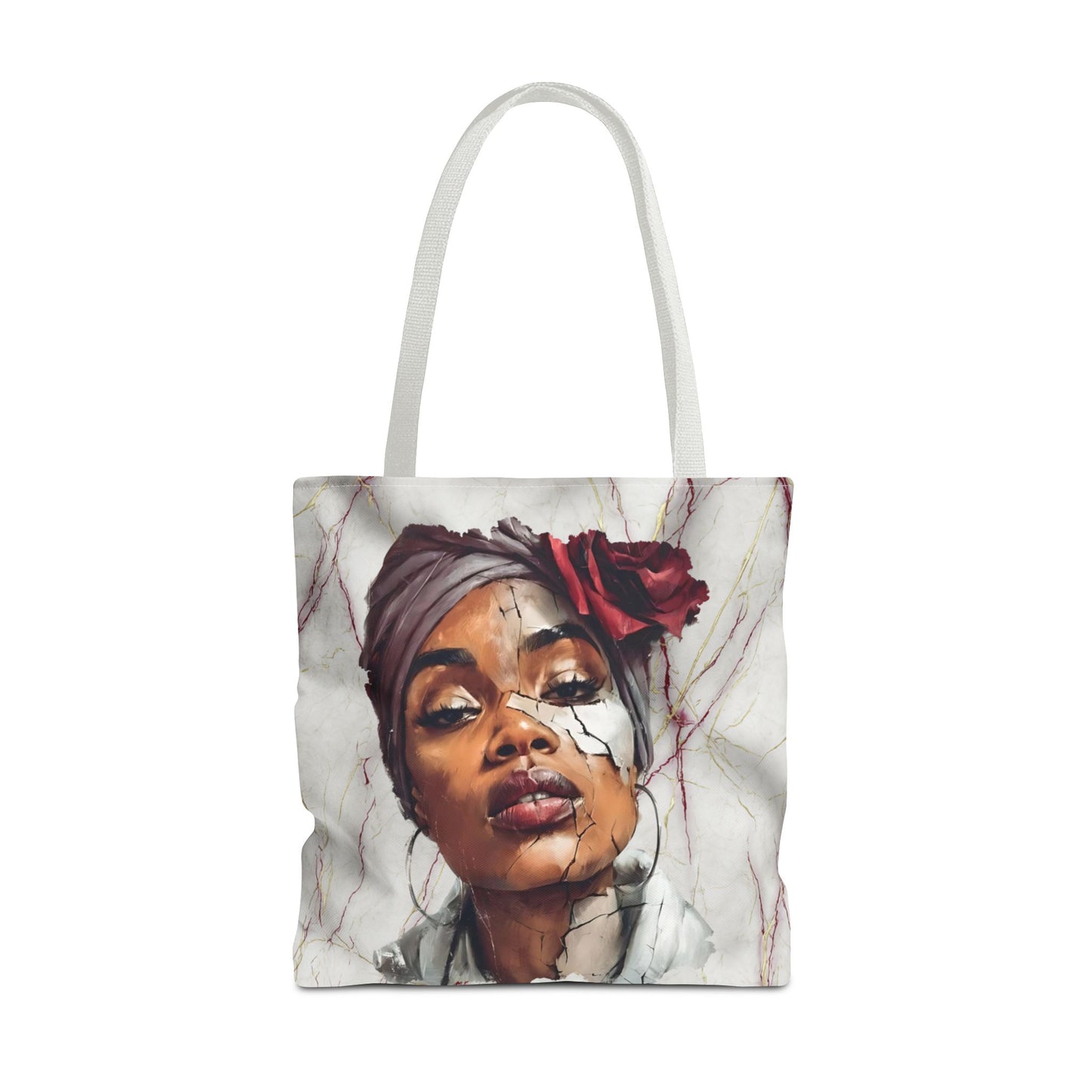 Regal Fracture Afrocentric Tote Bag, Cracked Portrait Art Tote with Red Rose, Black Queen Shoulder Bag, Cultural Fashion Tote for Women