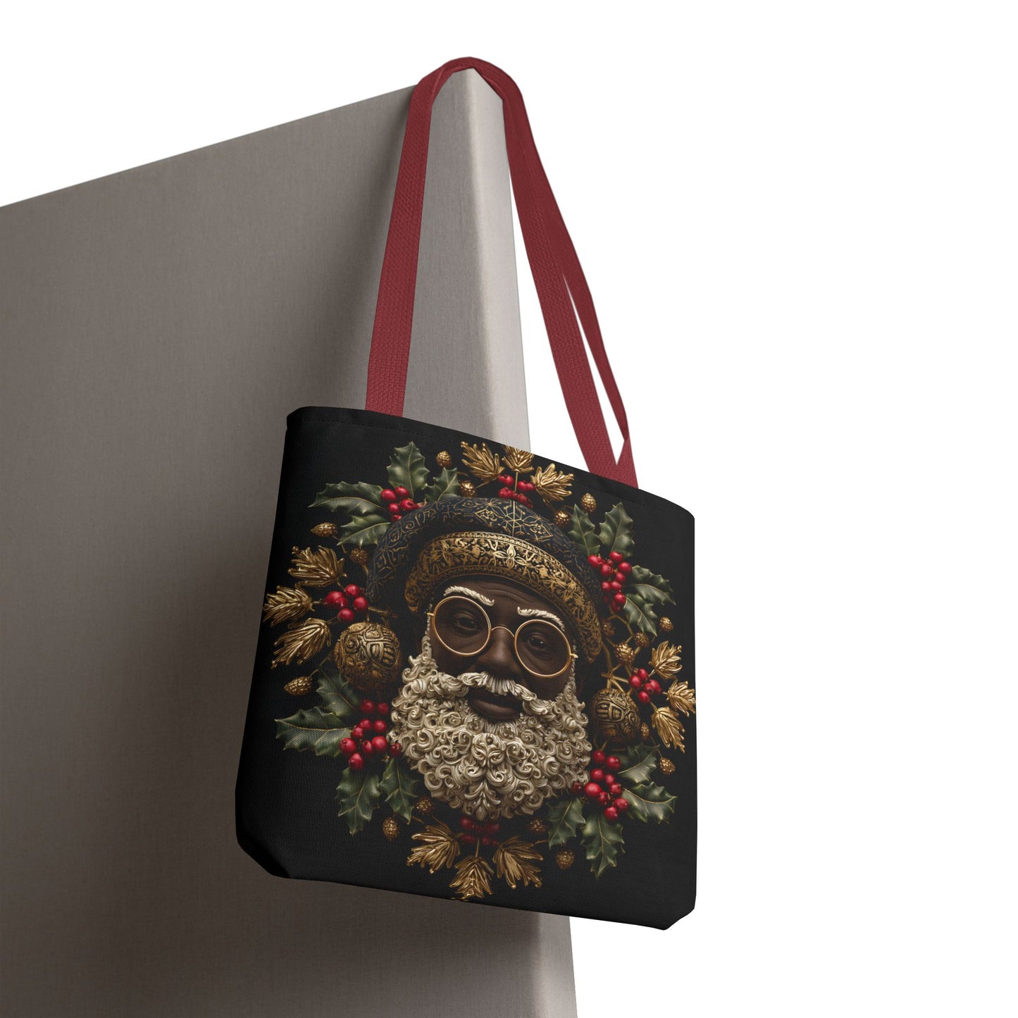 Royal Black Santa Tote Bag – Afrocentric Christmas Tote, Gold & Holly Holiday Design