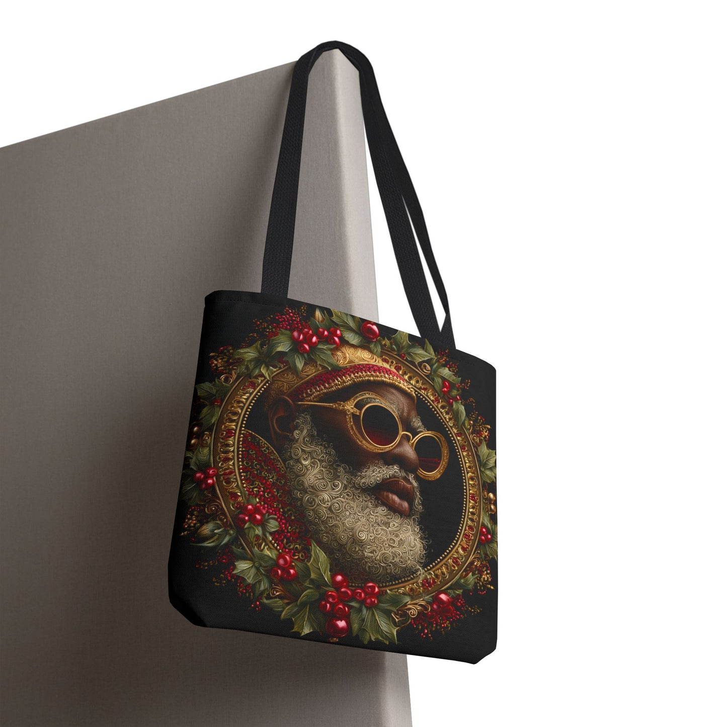 Afrocentric Holly Wreath Santa Tote – Luxe Holiday Tote Bag