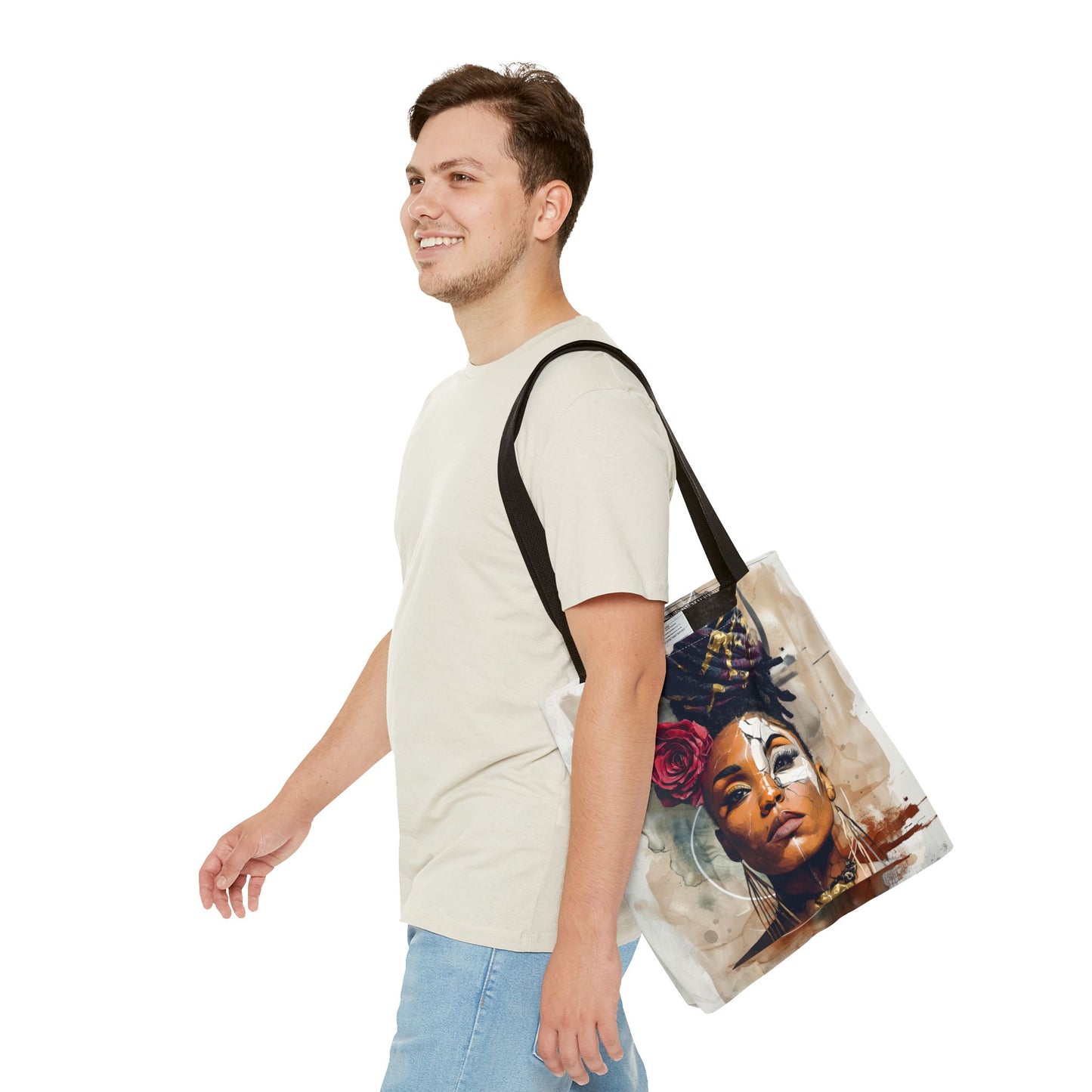 Crowned in Truth Afrocentric Tote Bag, Cracked Portrait Art Tote with Rose, Black Queen Shoulder Bag, Cultural Art Tote for Women