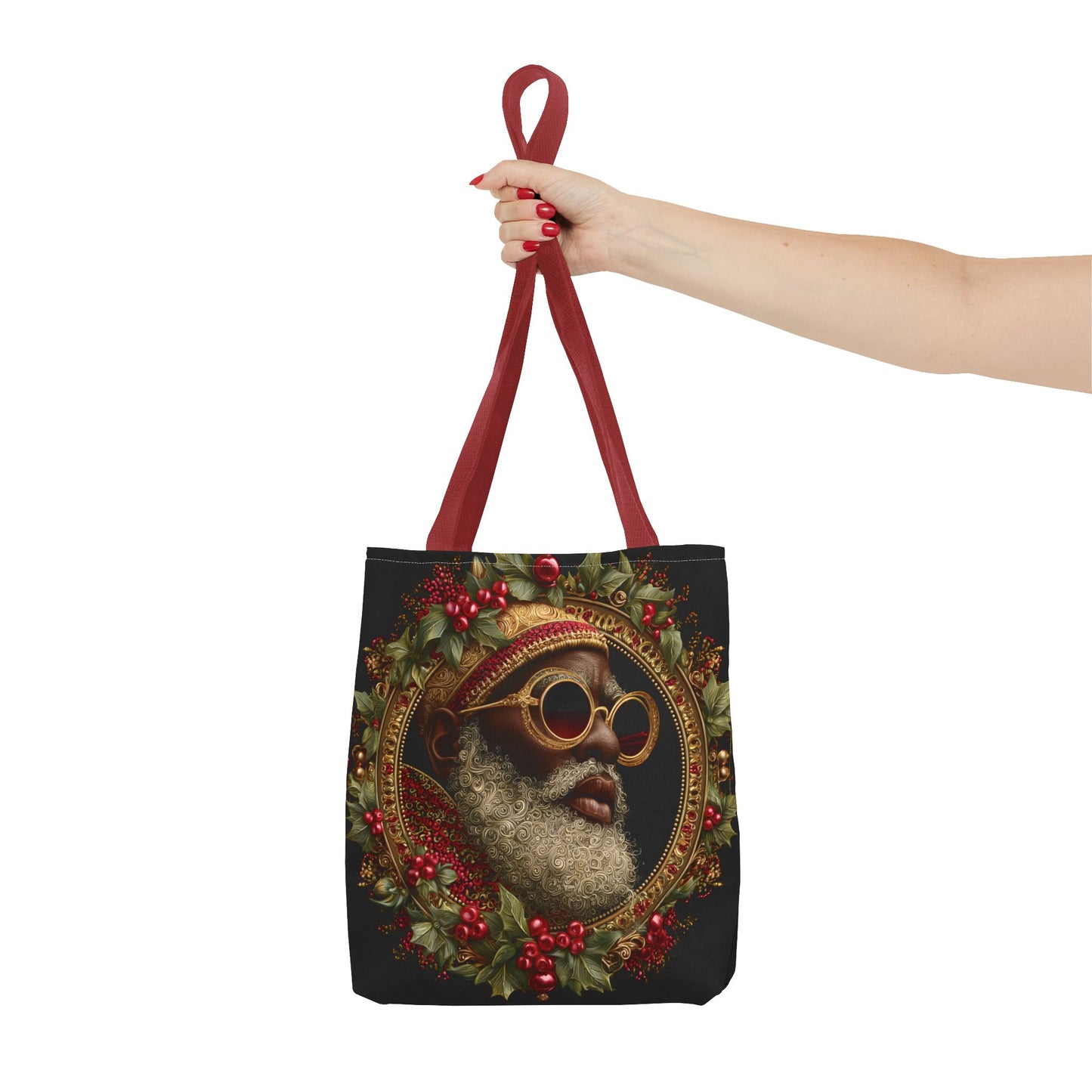 Afrocentric Holly Wreath Santa Tote – Luxe Holiday Tote Bag