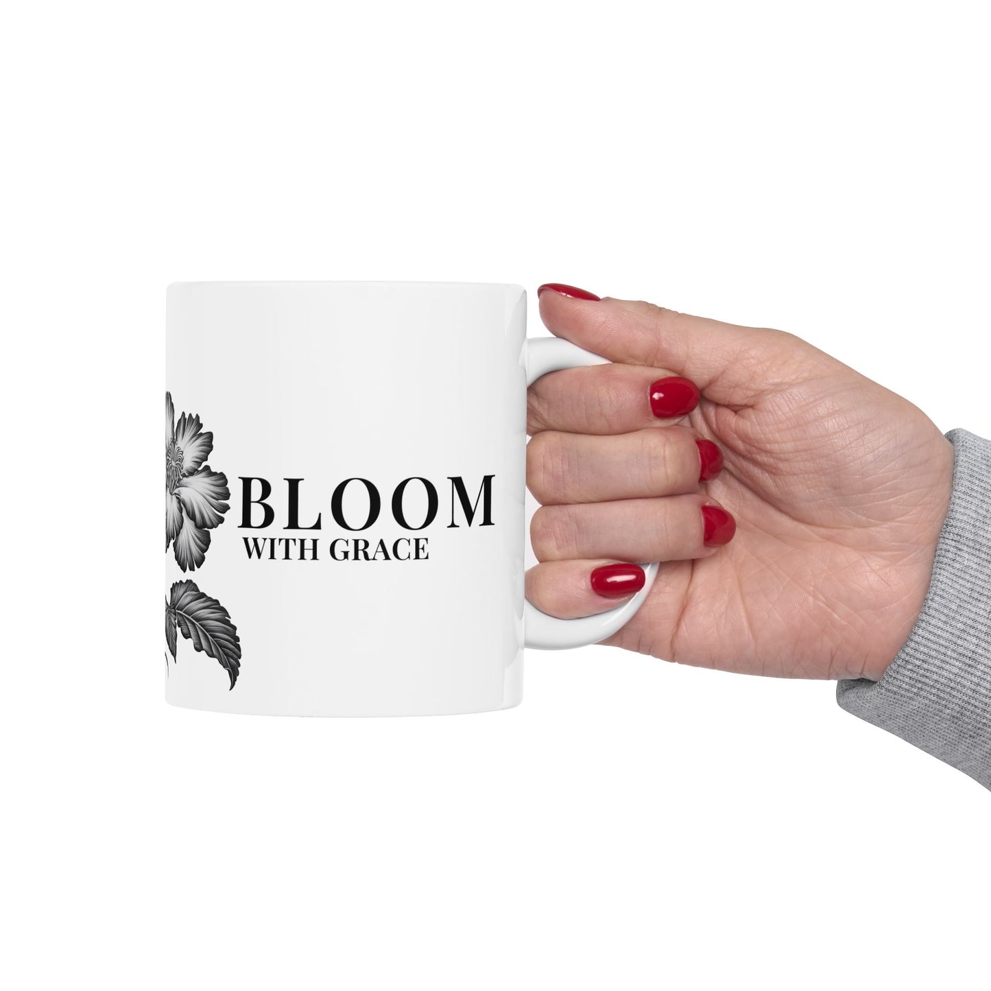 Floral 'Bloom With Grace Ceramic Mug — Vintage Black Botanical Coffee Cup (11oz, 15oz)