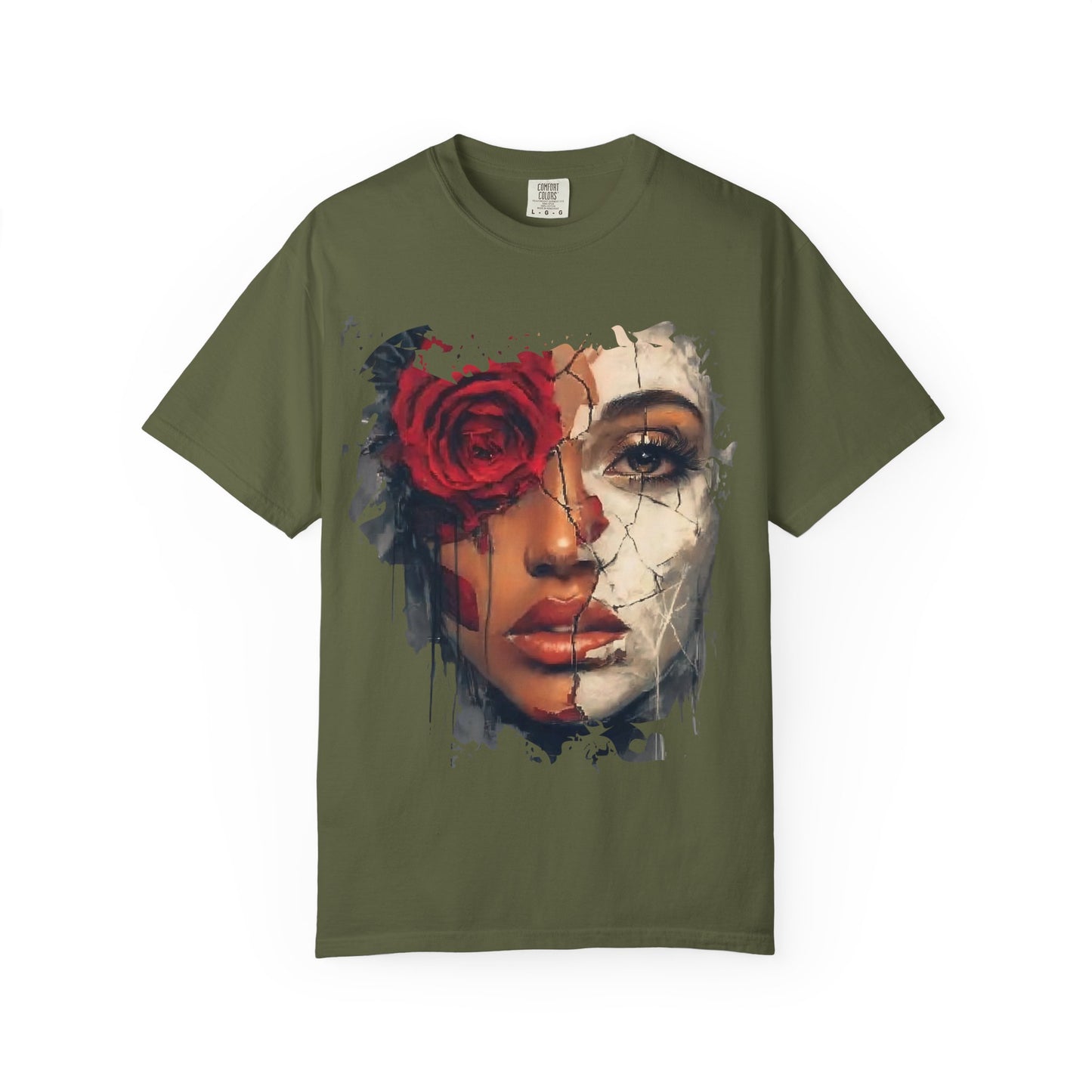 Scarlet Veil Empowerment Tee” or “Cracked Porcelain Resilience Shirt”