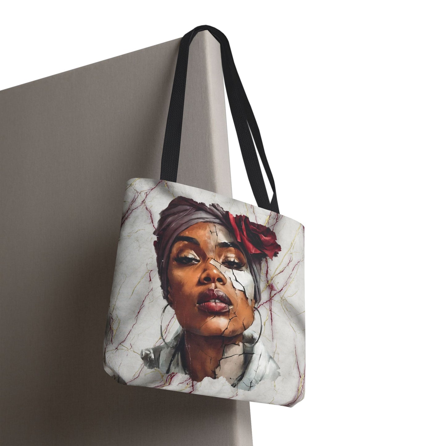 Regal Fracture Afrocentric Tote Bag, Cracked Portrait Art Tote with Red Rose, Black Queen Shoulder Bag, Cultural Fashion Tote for Women