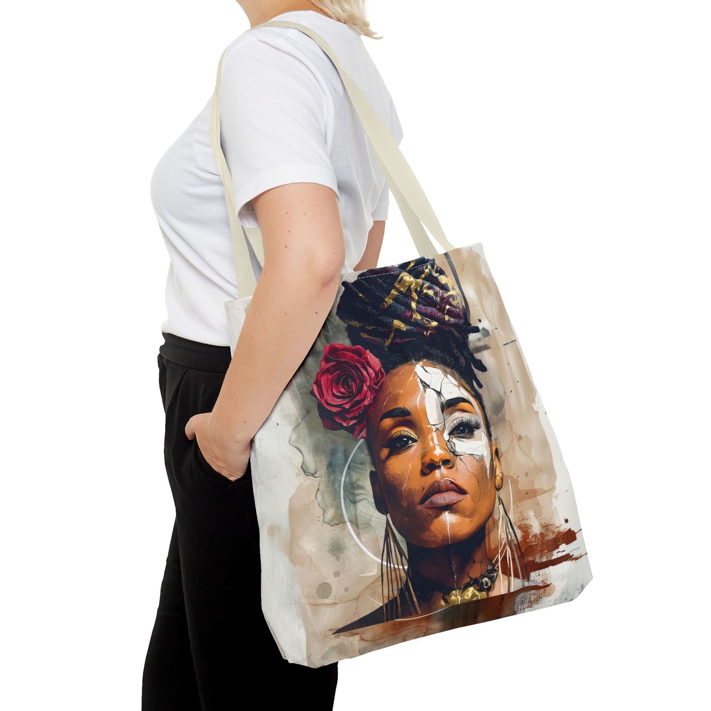 Crowned in Truth Afrocentric Tote Bag, Cracked Portrait Art Tote with Rose, Black Queen Shoulder Bag, Cultural Art Tote for Women