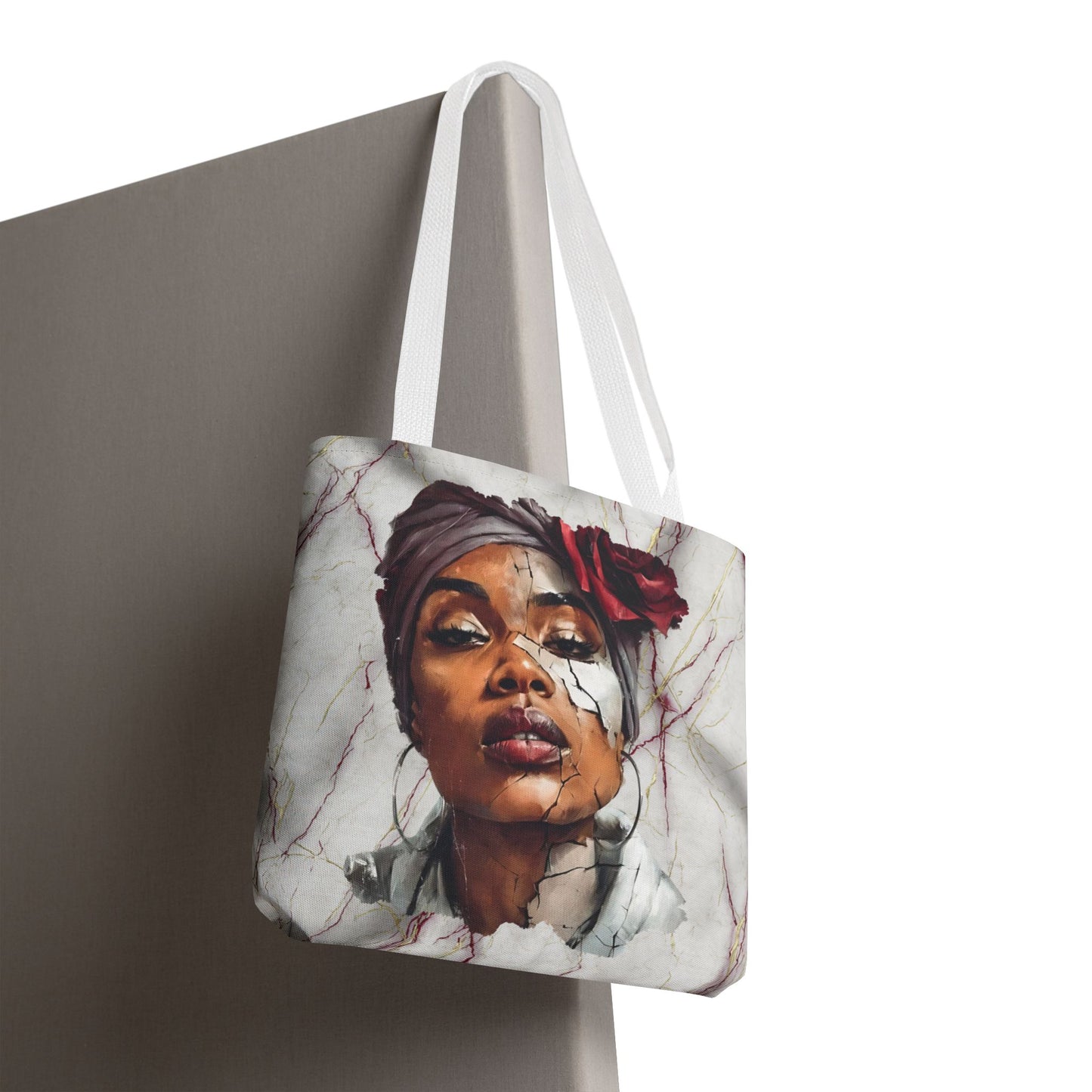 Regal Fracture Afrocentric Tote Bag, Cracked Portrait Art Tote with Red Rose, Black Queen Shoulder Bag, Cultural Fashion Tote for Women