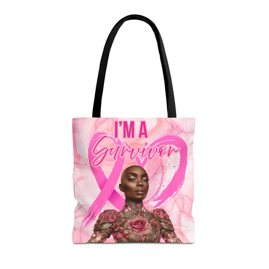 Survivor Tote Bag - 'I'm a Survivor' Pink Ribbon Heart Canvas Tote| Breast Cancer Awareness Tee | Pink Ribbon Shirt for Women | Black Woman Survivor Empowerment Gift | October Awareness Apparel