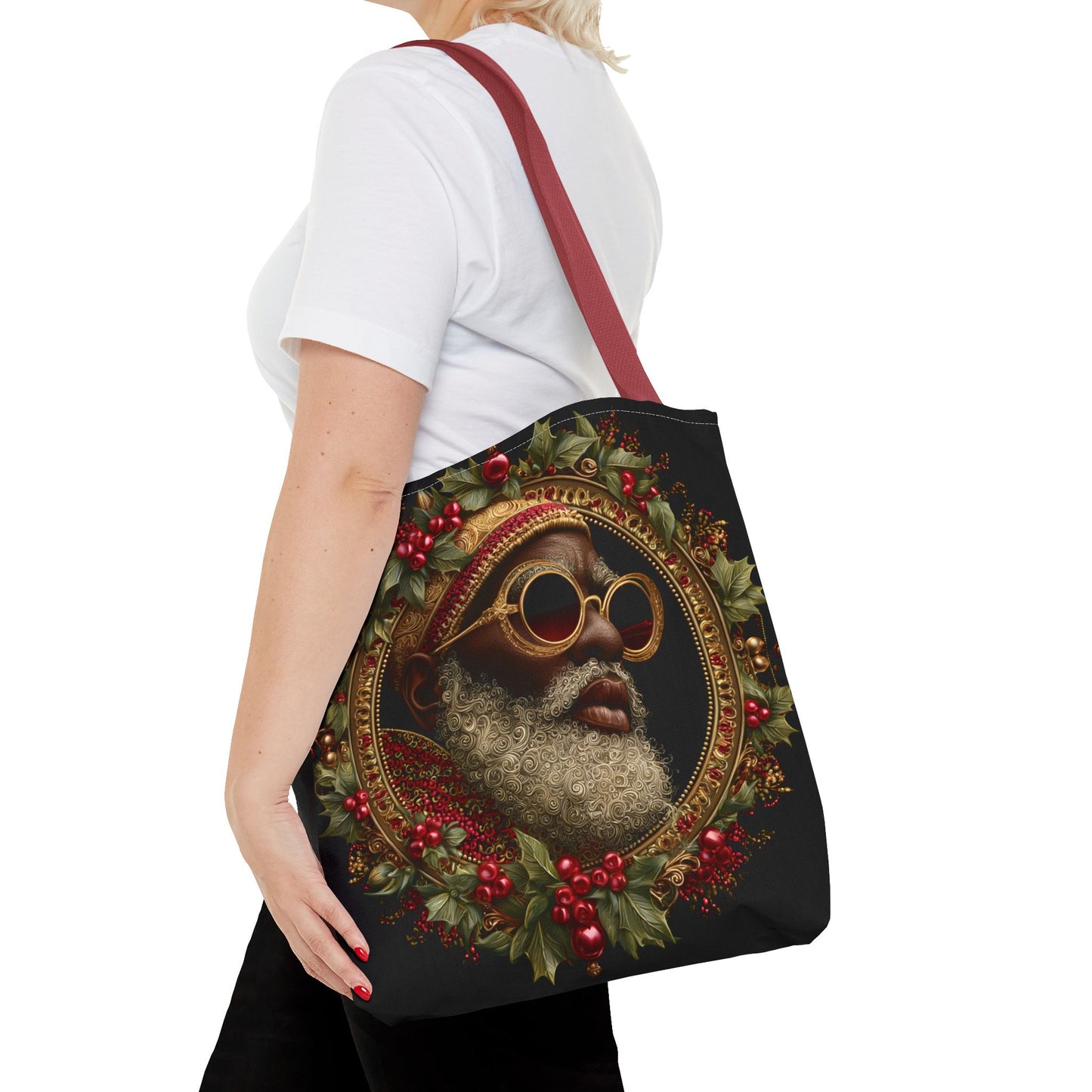 Afrocentric Holly Wreath Santa Tote – Luxe Holiday Tote Bag