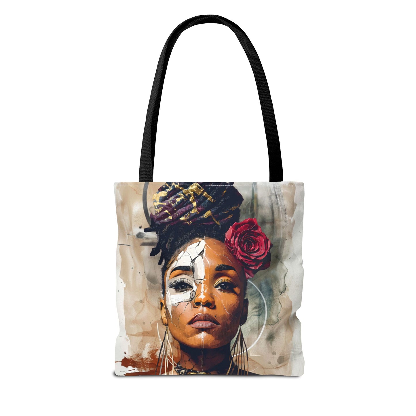 Crowned in Truth Afrocentric Tote Bag, Cracked Portrait Art Tote with Rose, Black Queen Shoulder Bag, Cultural Art Tote for Women