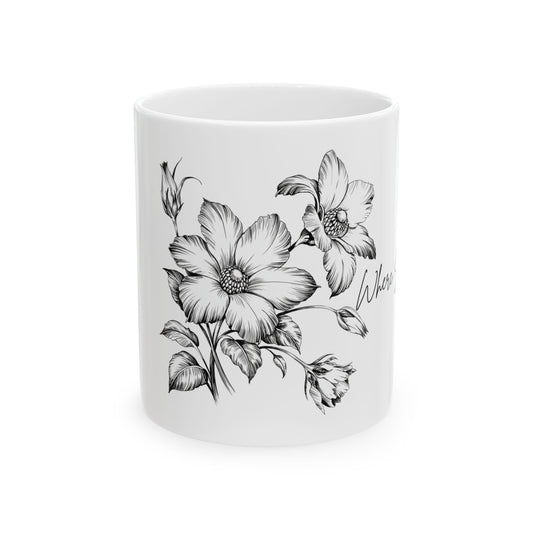 Where Stillness Leads Mug – Cozy Rest & Emotional Reset Cup- Hand-Drawn Black & White Flower Coffee Cup (11oz/15oz)