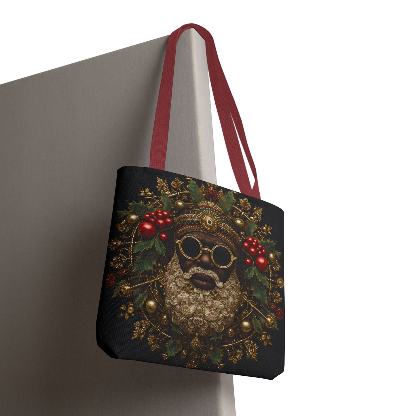 Afrocentric Black Santa Holiday Tote – Festive Christmas Bag with Gold & Holly Details