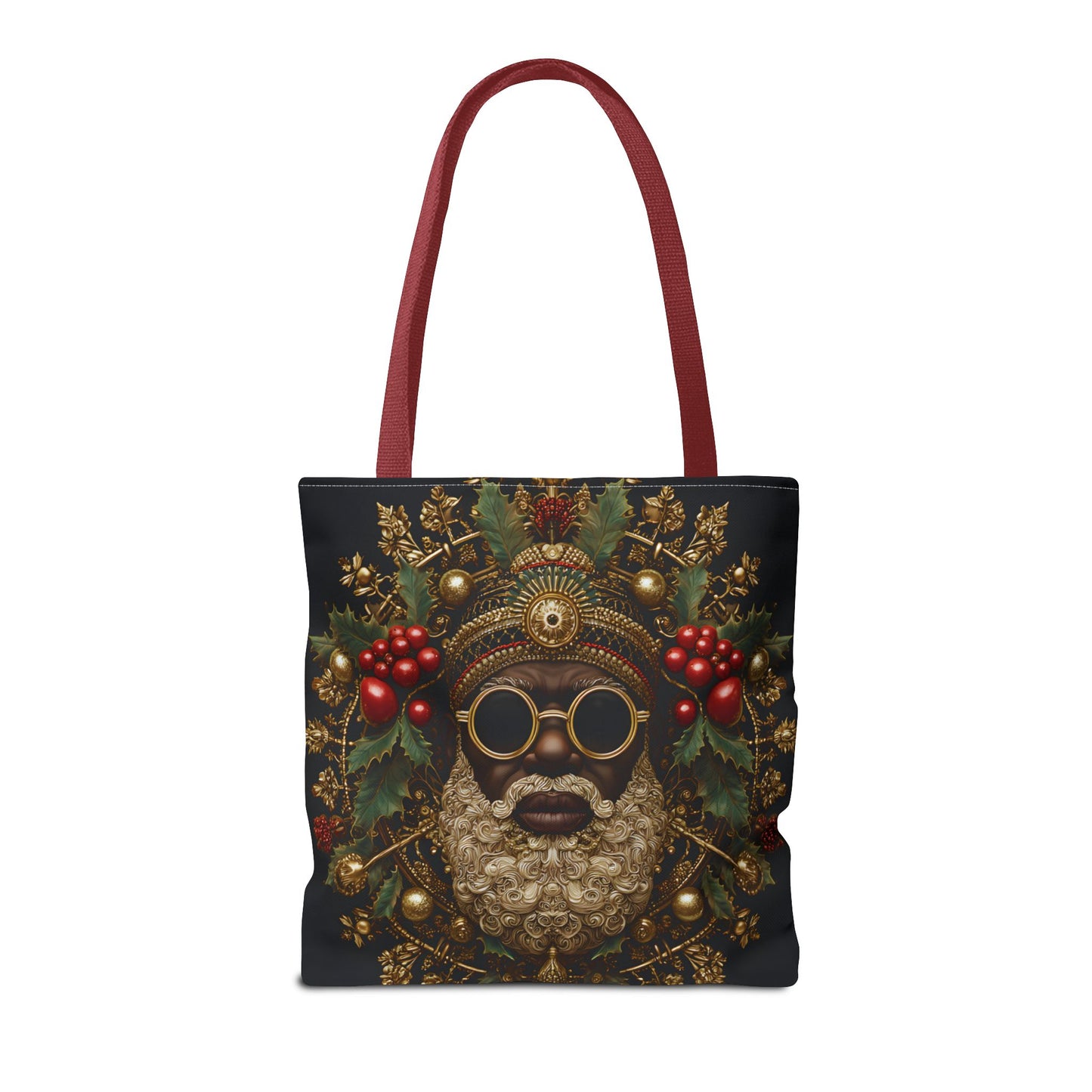 Afrocentric Black Santa Holiday Tote – Festive Christmas Bag with Gold & Holly Details