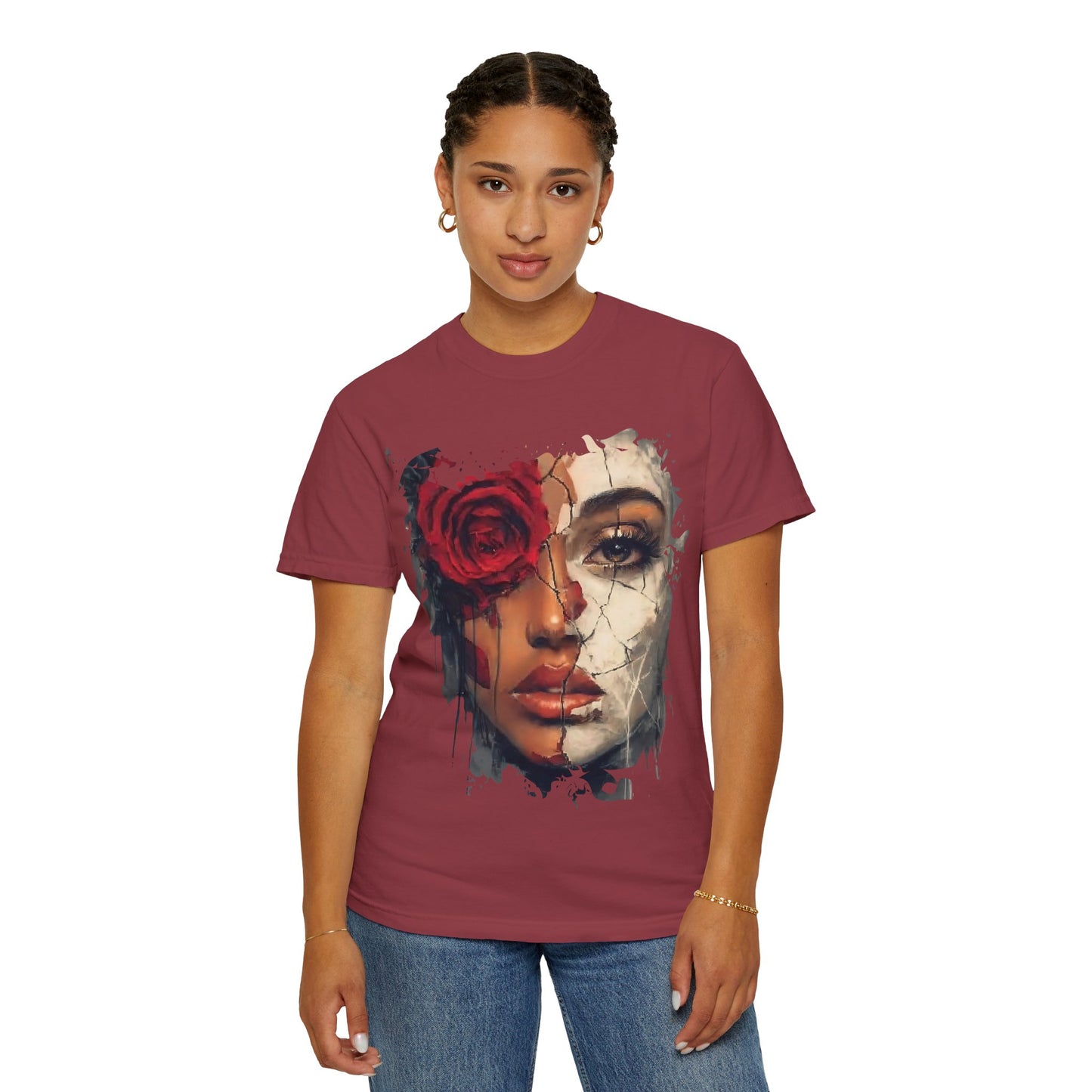 Scarlet Veil Empowerment Tee” or “Cracked Porcelain Resilience Shirt”