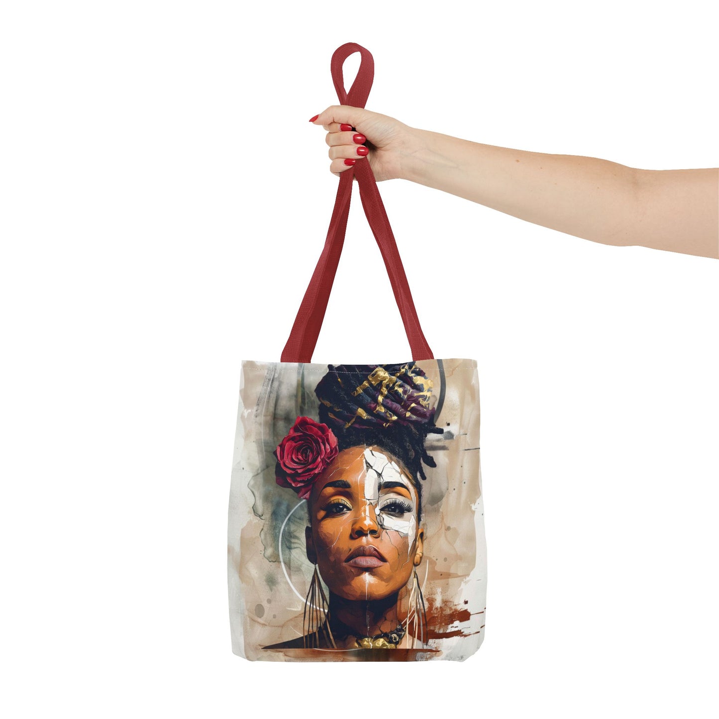 Crowned in Truth Afrocentric Tote Bag, Cracked Portrait Art Tote with Rose, Black Queen Shoulder Bag, Cultural Art Tote for Women