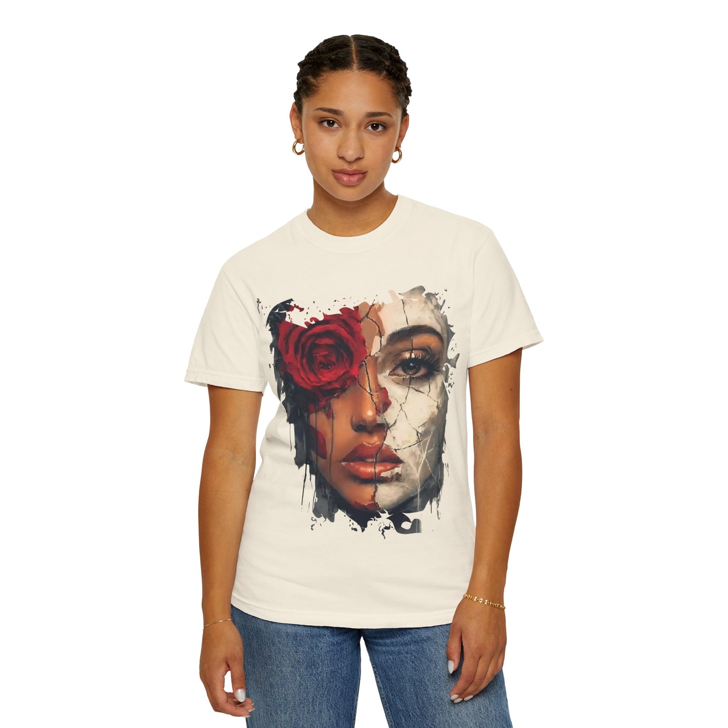 Scarlet Veil Empowerment Tee” or “Cracked Porcelain Resilience Shirt”