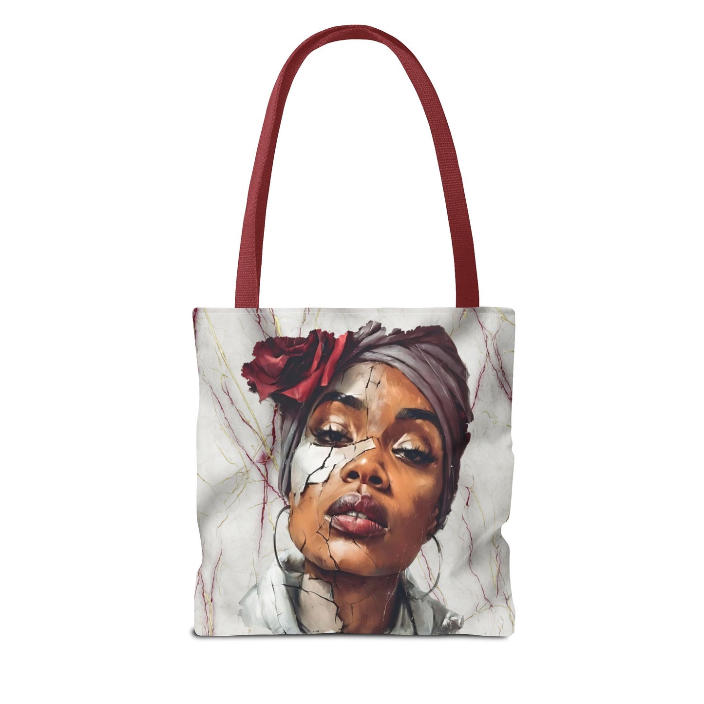 Regal Fracture Afrocentric Tote Bag, Cracked Portrait Art Tote with Red Rose, Black Queen Shoulder Bag, Cultural Fashion Tote for Women