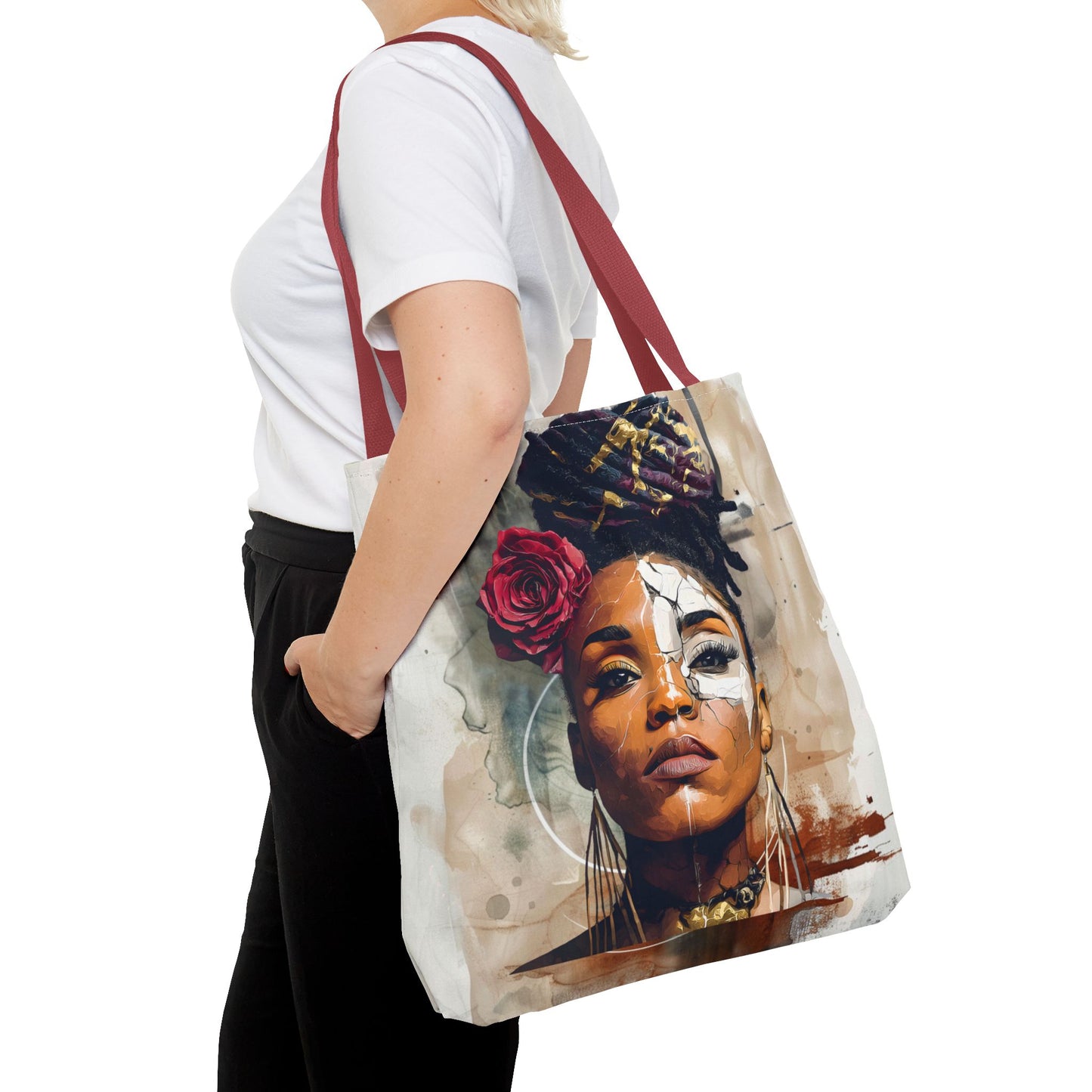 Crowned in Truth Afrocentric Tote Bag, Cracked Portrait Art Tote with Rose, Black Queen Shoulder Bag, Cultural Art Tote for Women