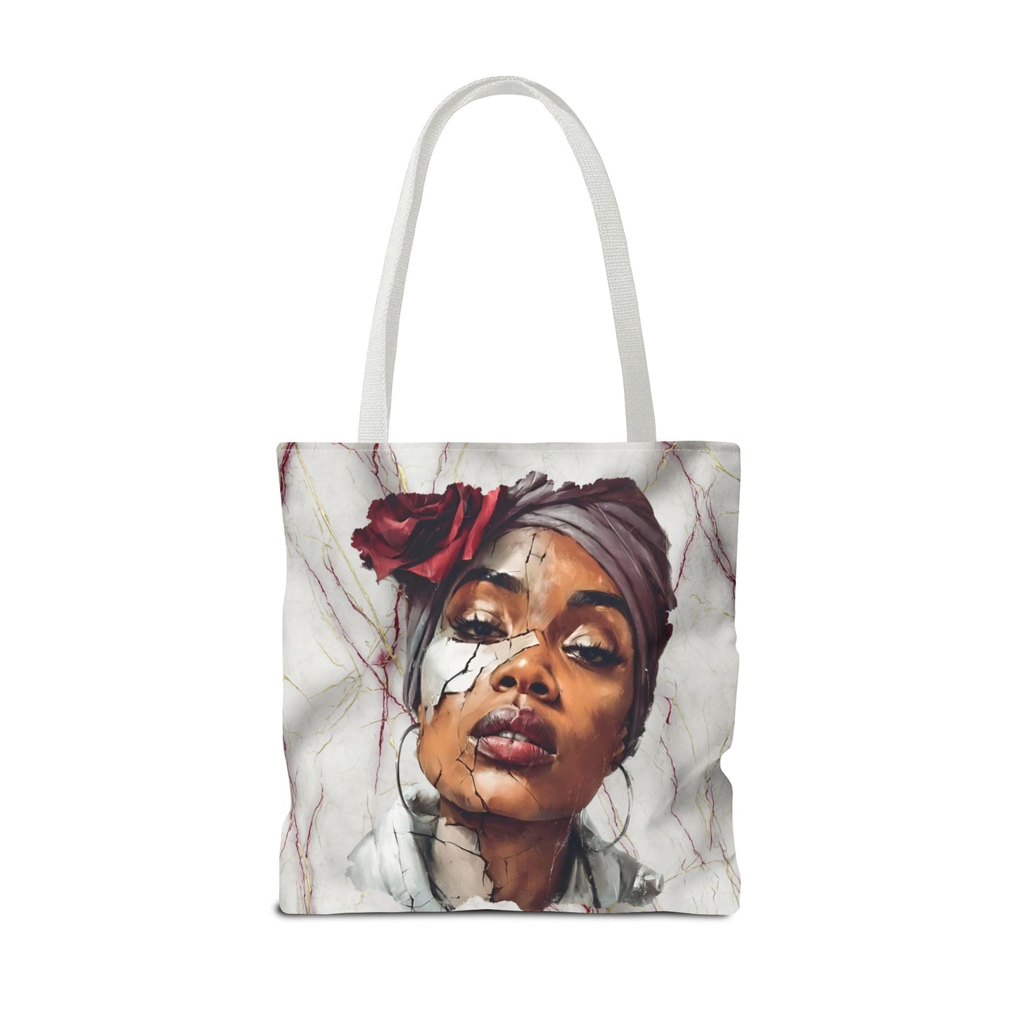 Regal Fracture Afrocentric Tote Bag, Cracked Portrait Art Tote with Red Rose, Black Queen Shoulder Bag, Cultural Fashion Tote for Women
