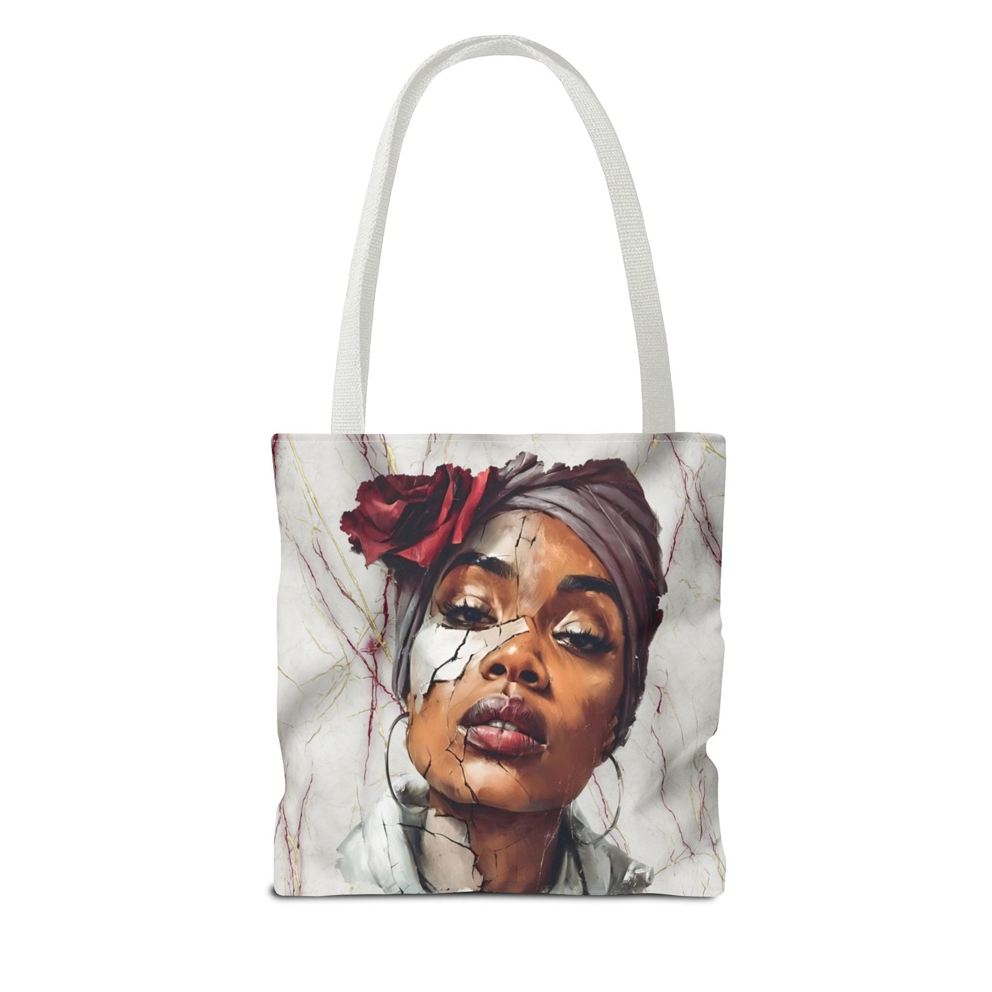 Regal Fracture Afrocentric Tote Bag, Cracked Portrait Art Tote with Red Rose, Black Queen Shoulder Bag, Cultural Fashion Tote for Women