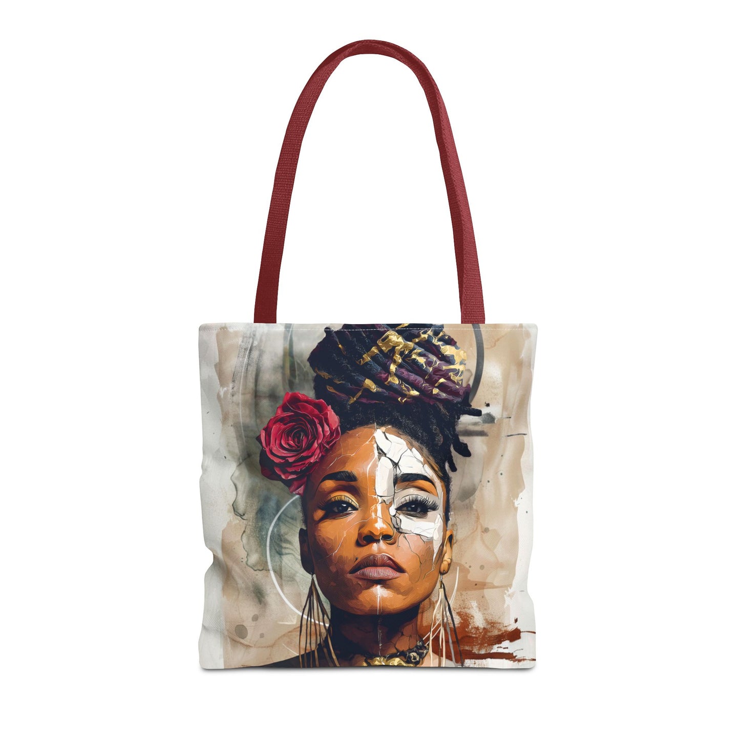 Crowned in Truth Afrocentric Tote Bag, Cracked Portrait Art Tote with Rose, Black Queen Shoulder Bag, Cultural Art Tote for Women
