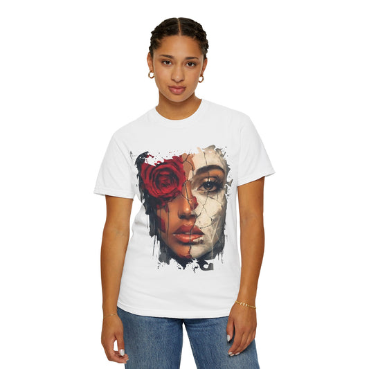 Scarlet Veil Empowerment Tee” or “Cracked Porcelain Resilience Shirt”