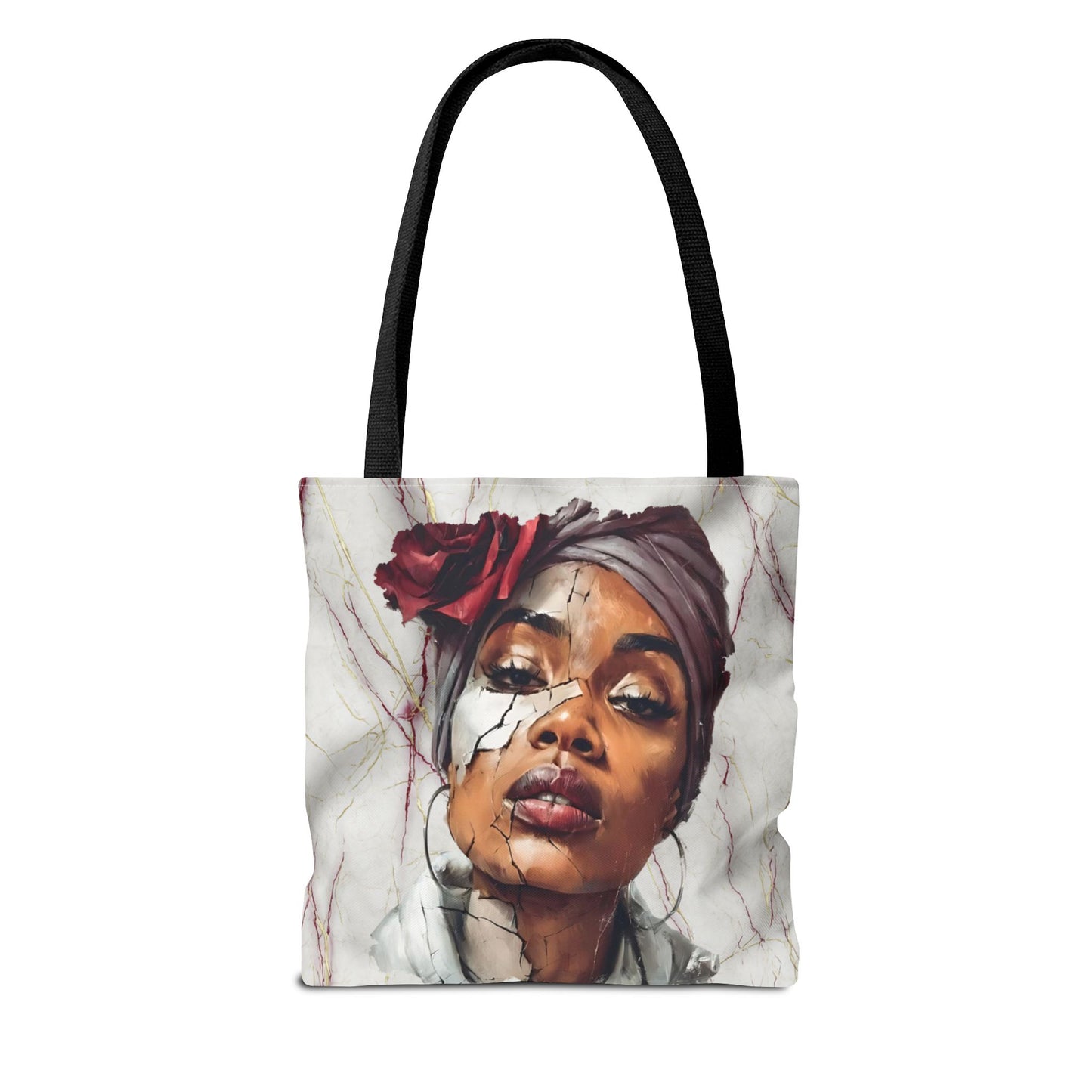Regal Fracture Afrocentric Tote Bag, Cracked Portrait Art Tote with Red Rose, Black Queen Shoulder Bag, Cultural Fashion Tote for Women