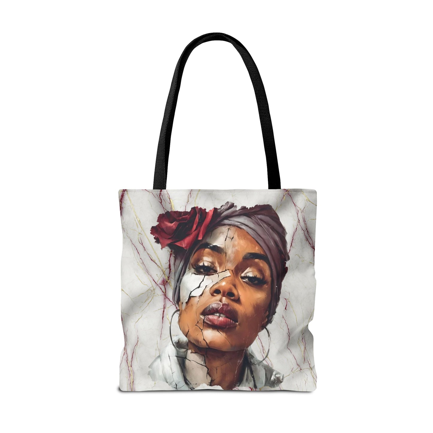 Regal Fracture Afrocentric Tote Bag, Cracked Portrait Art Tote with Red Rose, Black Queen Shoulder Bag, Cultural Fashion Tote for Women