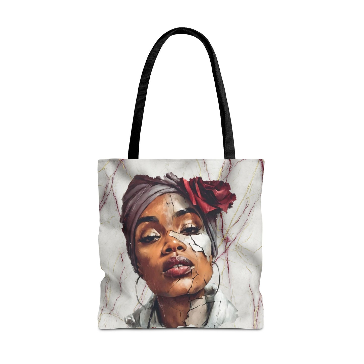 Regal Fracture Afrocentric Tote Bag, Cracked Portrait Art Tote with Red Rose, Black Queen Shoulder Bag, Cultural Fashion Tote for Women