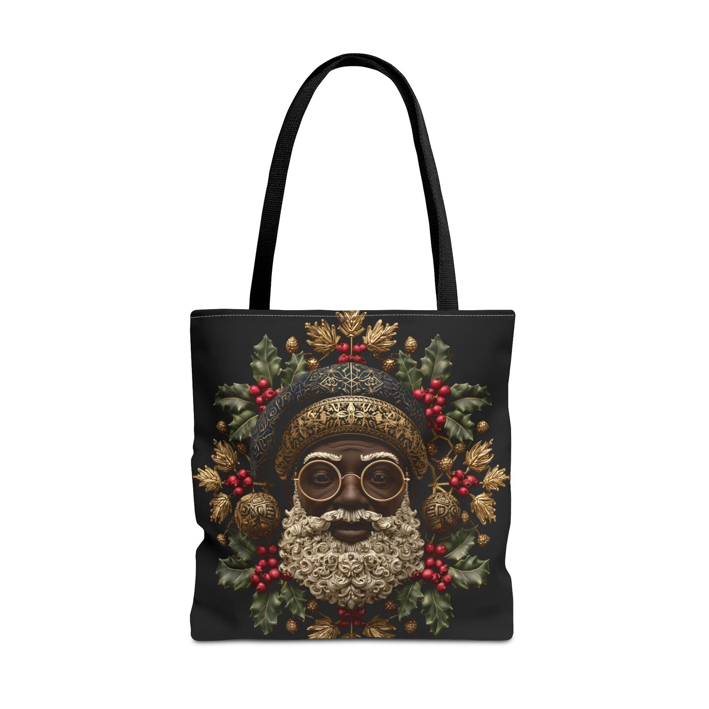 Royal Black Santa Tote Bag – Afrocentric Christmas Tote, Gold & Holly Holiday Design