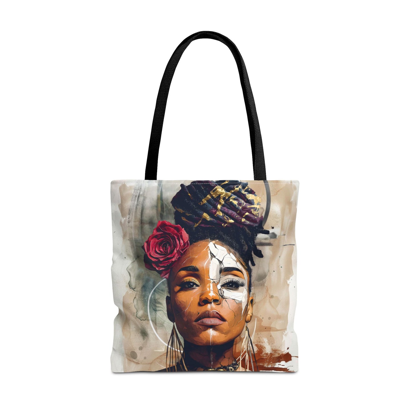 Crowned in Truth Afrocentric Tote Bag, Cracked Portrait Art Tote with Rose, Black Queen Shoulder Bag, Cultural Art Tote for Women