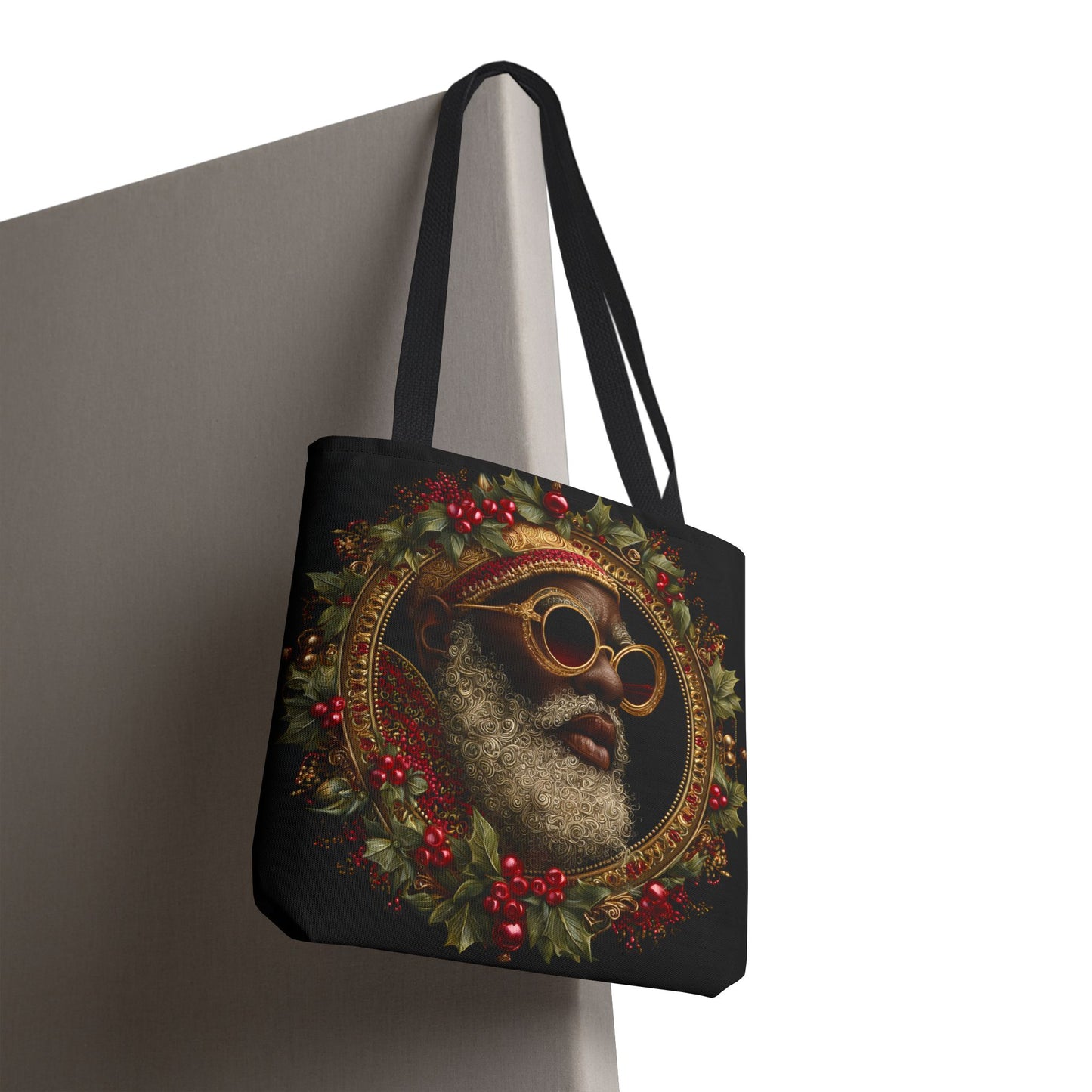 Afrocentric Holly Wreath Santa Tote – Luxe Holiday Tote Bag
