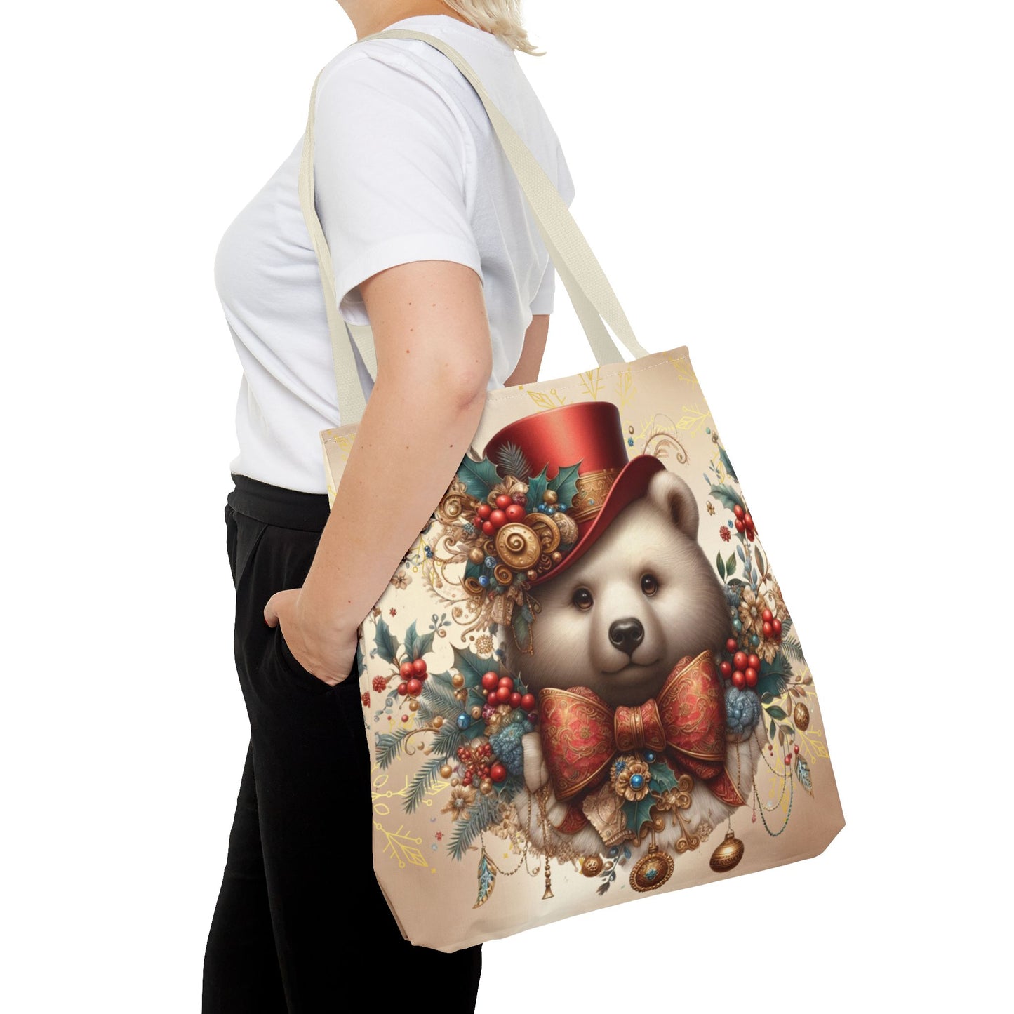 Christmas Bear Tote Bag, Whimsical Holiday Animal Tote, Cute Winter Bear Art Bag, Festive Gift Tote for Women, Seasonal Shopping Bag