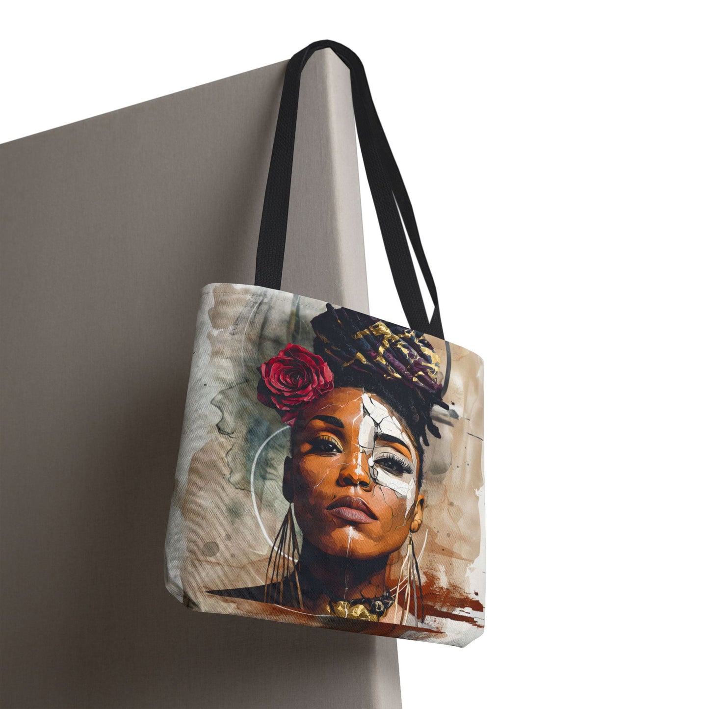 Crowned in Truth Afrocentric Tote Bag, Cracked Portrait Art Tote with Rose, Black Queen Shoulder Bag, Cultural Art Tote for Women