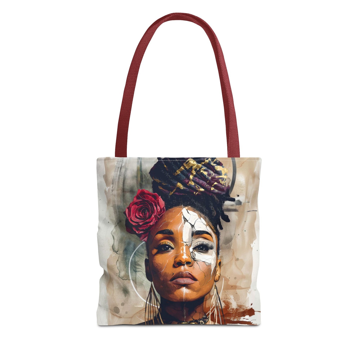 Crowned in Truth Afrocentric Tote Bag, Cracked Portrait Art Tote with Rose, Black Queen Shoulder Bag, Cultural Art Tote for Women