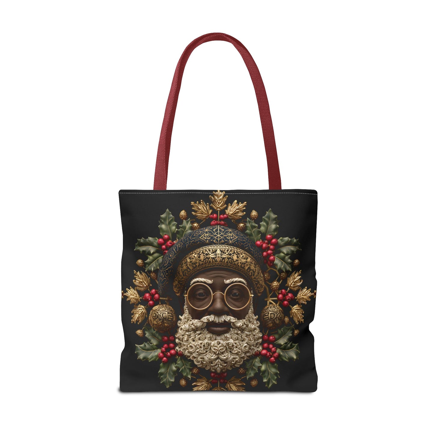 Royal Black Santa Tote Bag – Afrocentric Christmas Tote, Gold & Holly Holiday Design