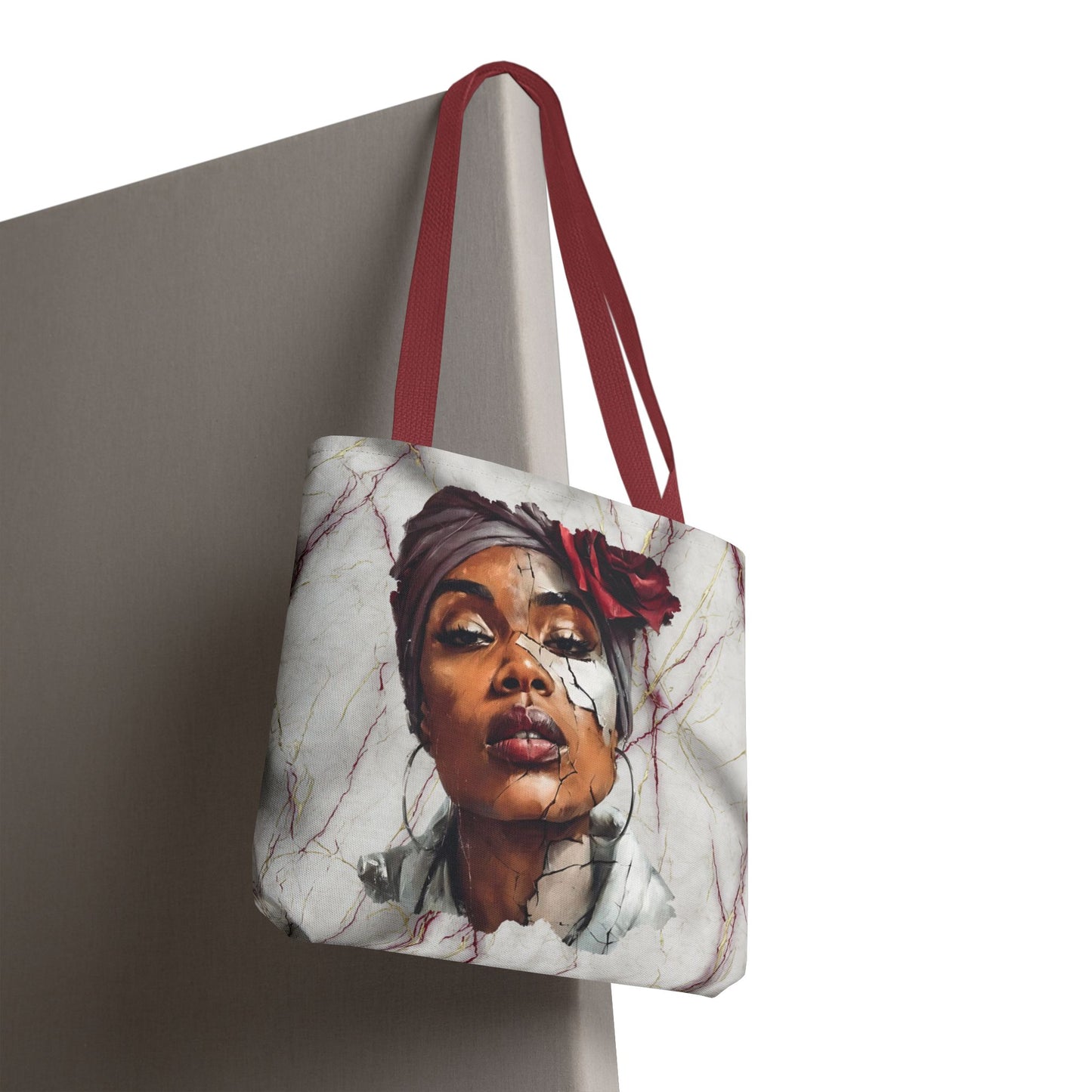 Regal Fracture Afrocentric Tote Bag, Cracked Portrait Art Tote with Red Rose, Black Queen Shoulder Bag, Cultural Fashion Tote for Women
