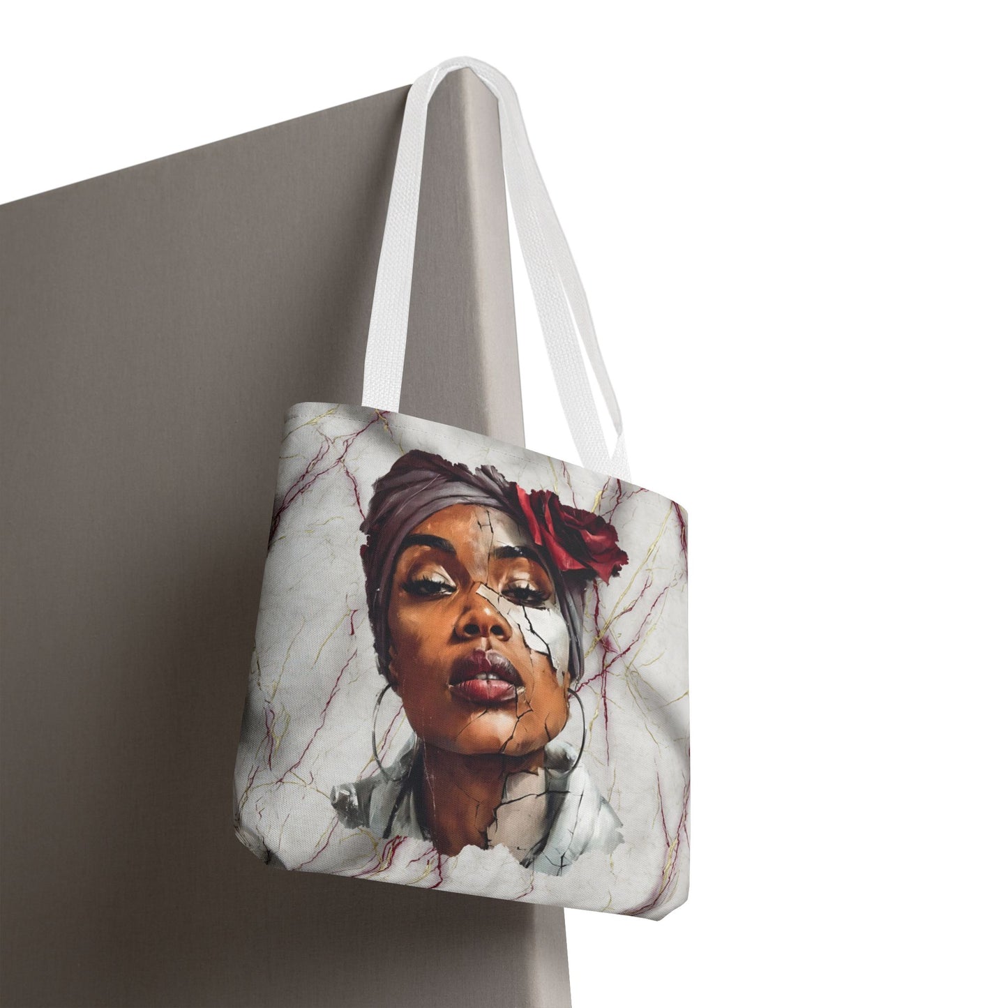 Regal Fracture Afrocentric Tote Bag, Cracked Portrait Art Tote with Red Rose, Black Queen Shoulder Bag, Cultural Fashion Tote for Women