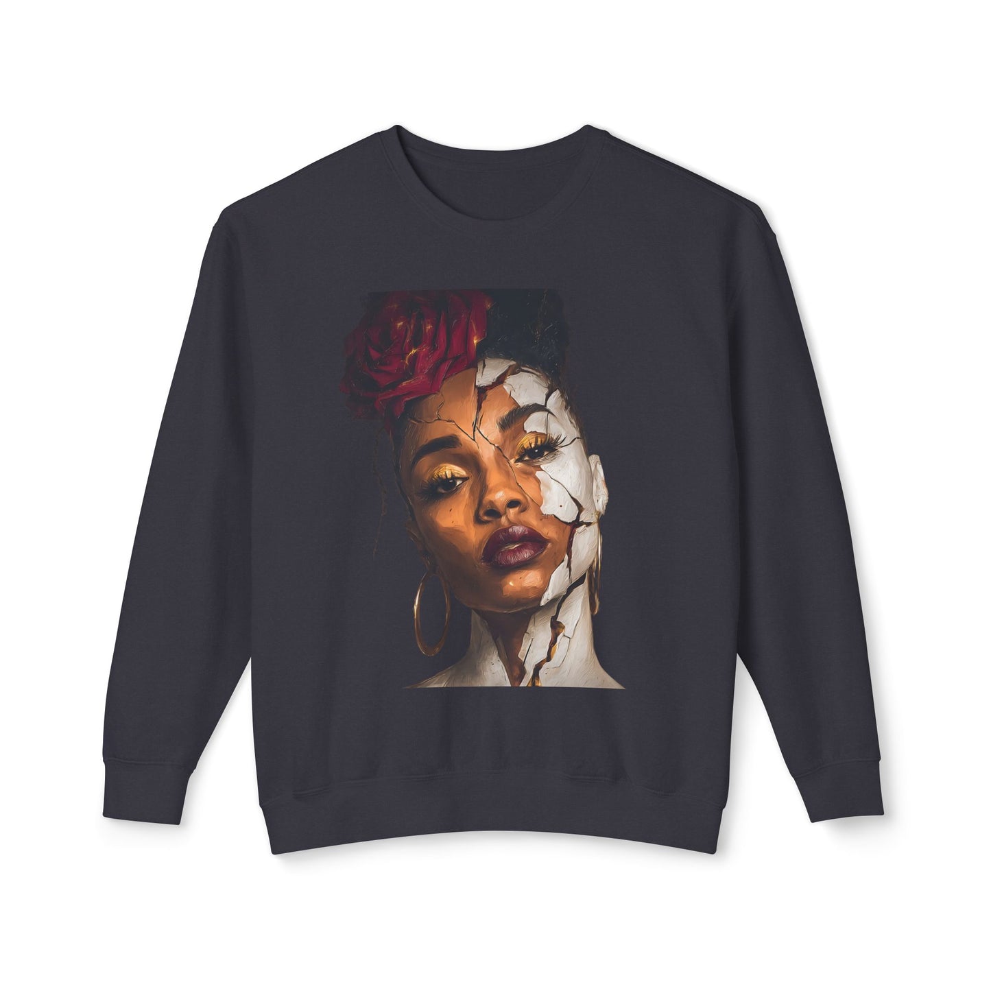 Artistic Women’s Sweatshirt with Floral Design| Gilded Gaze Sweatshirt | Empowered Woman Graphic Pullover | Cracked Beauty Art | Feminine Strength Apparel