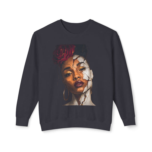 Artistic Women’s Sweatshirt with Floral Design| Gilded Gaze Sweatshirt | Empowered Woman Graphic Pullover | Cracked Beauty Art | Feminine Strength Apparel